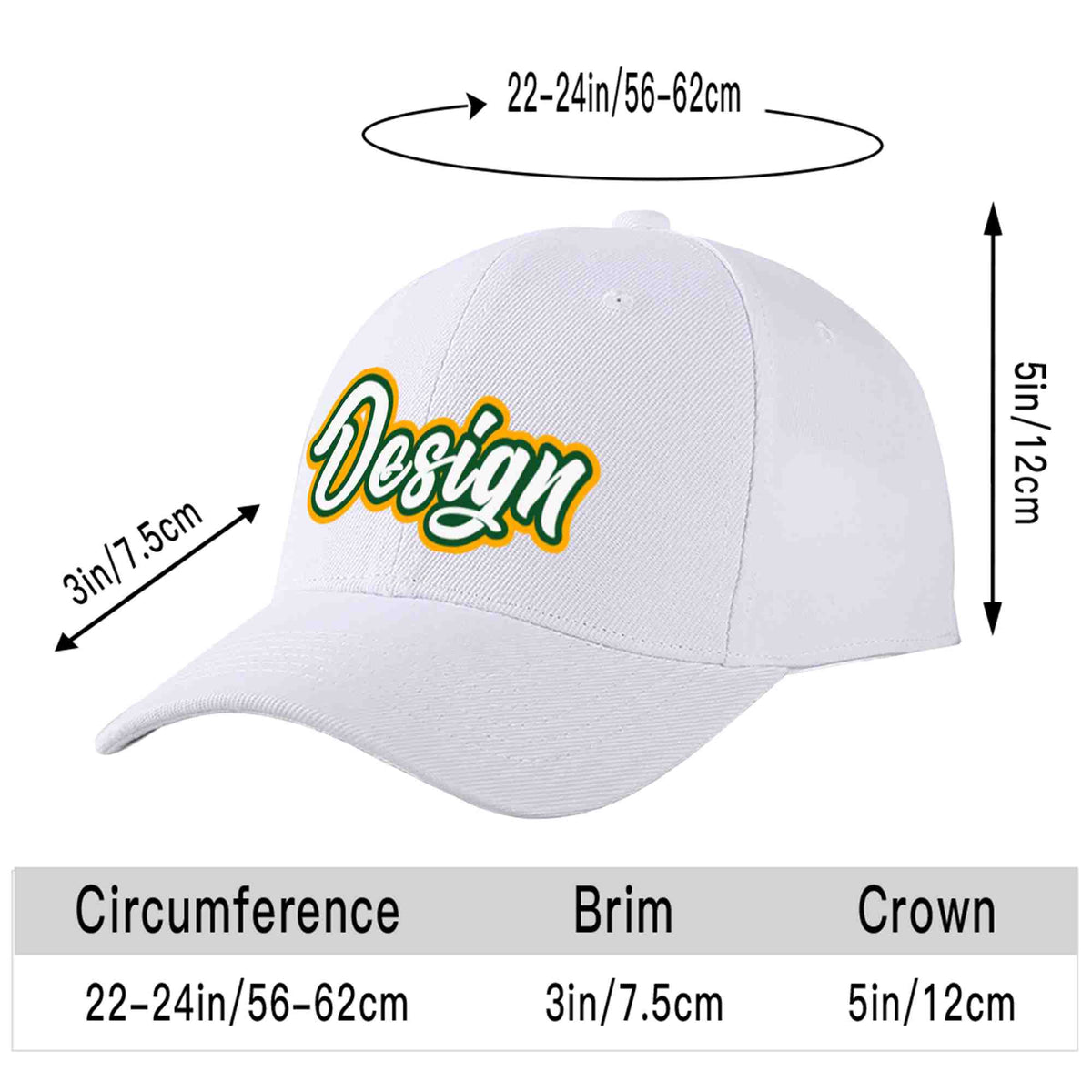Custom White White-Kelly Green Curved Eaves Sport Design Baseball Cap