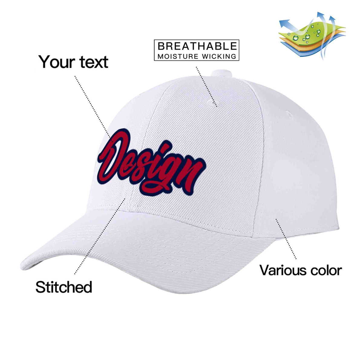 Custom White Red-Navy Curved Eaves Sport Design Baseball Cap