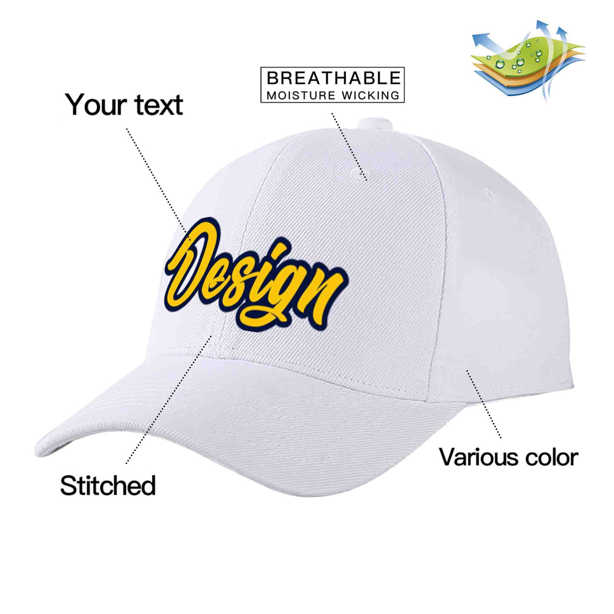 Custom White Yellow-Navy Curved Eaves Sport Design Baseball Cap