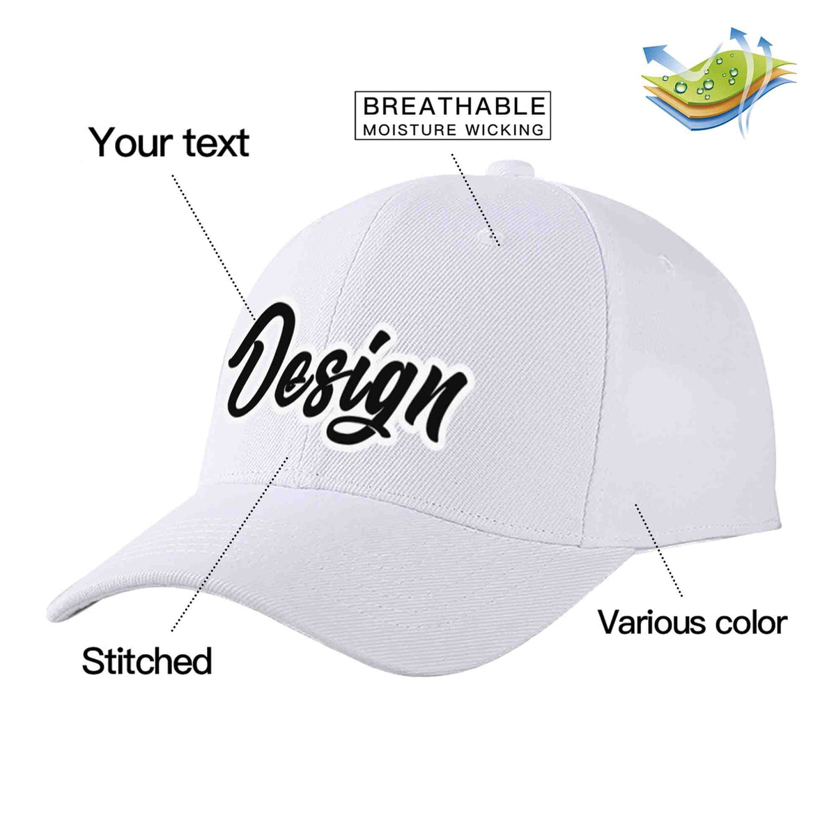 Custom White Black-White Curved Eaves Sport Design Baseball Cap