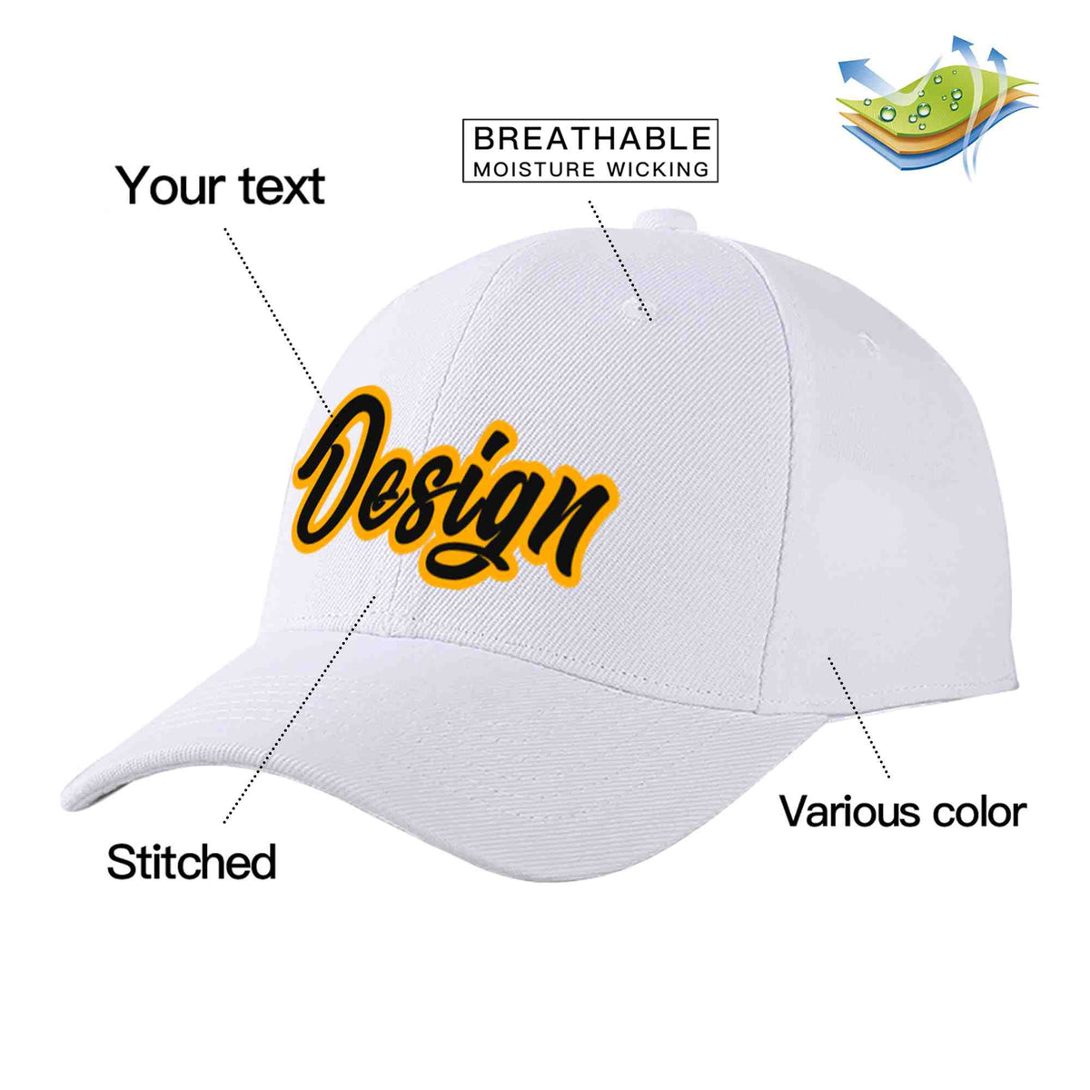 Custom White Black-Yellow Curved Eaves Sport Design Baseball Cap