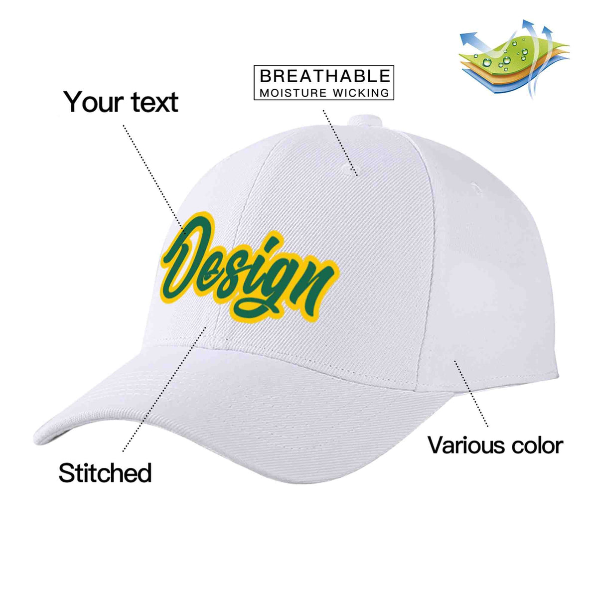 Custom White Kelly Green-Yellow Curved Eaves Sport Design Baseball Cap