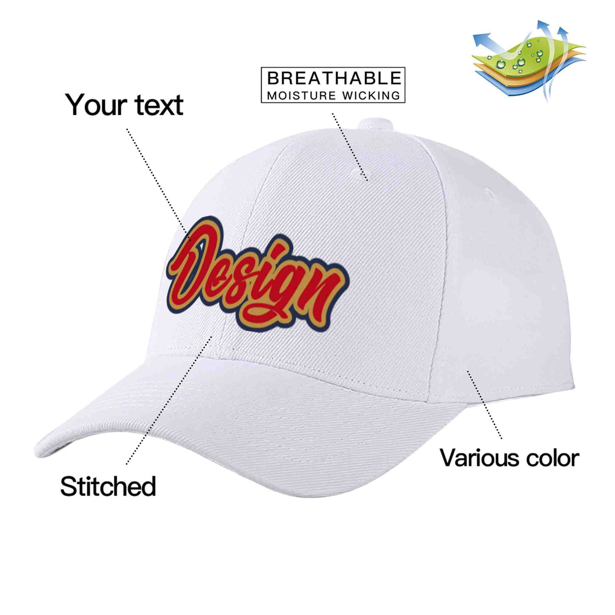 Custom White Red-Old Gold Curved Eaves Sport Design Baseball Cap