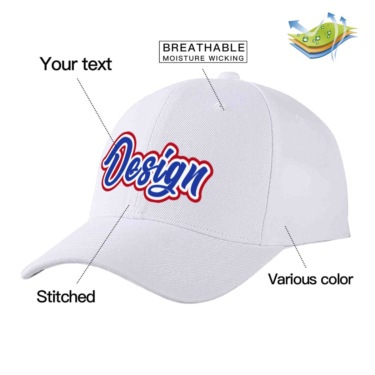 Custom White Royal-White Curved Eaves Sport Design Baseball Cap