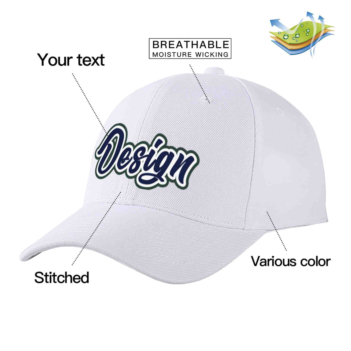 Custom White Navy-White Curved Eaves Sport Design Baseball Cap