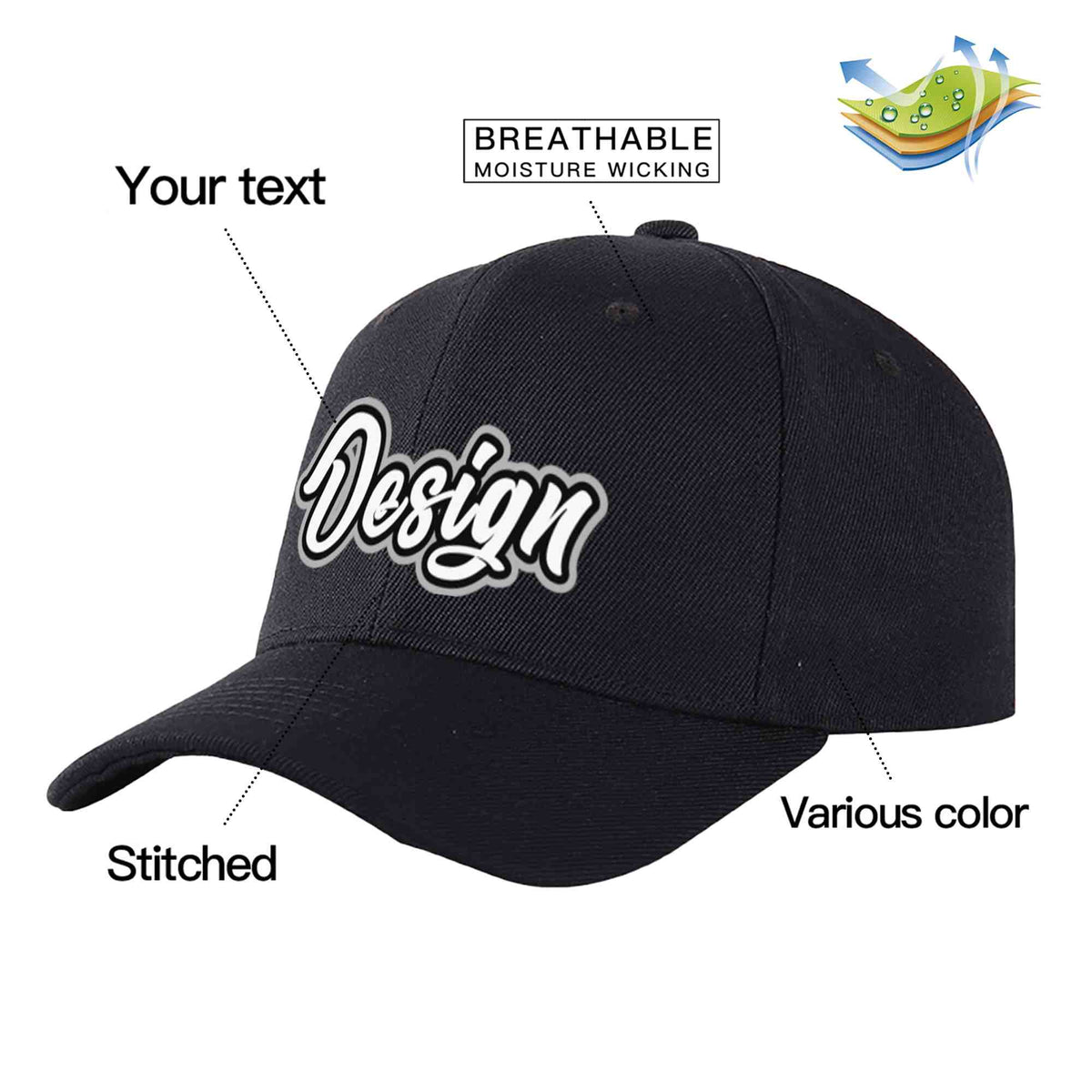 Custom Black White-Black Curved Eaves Sport Design Baseball Cap
