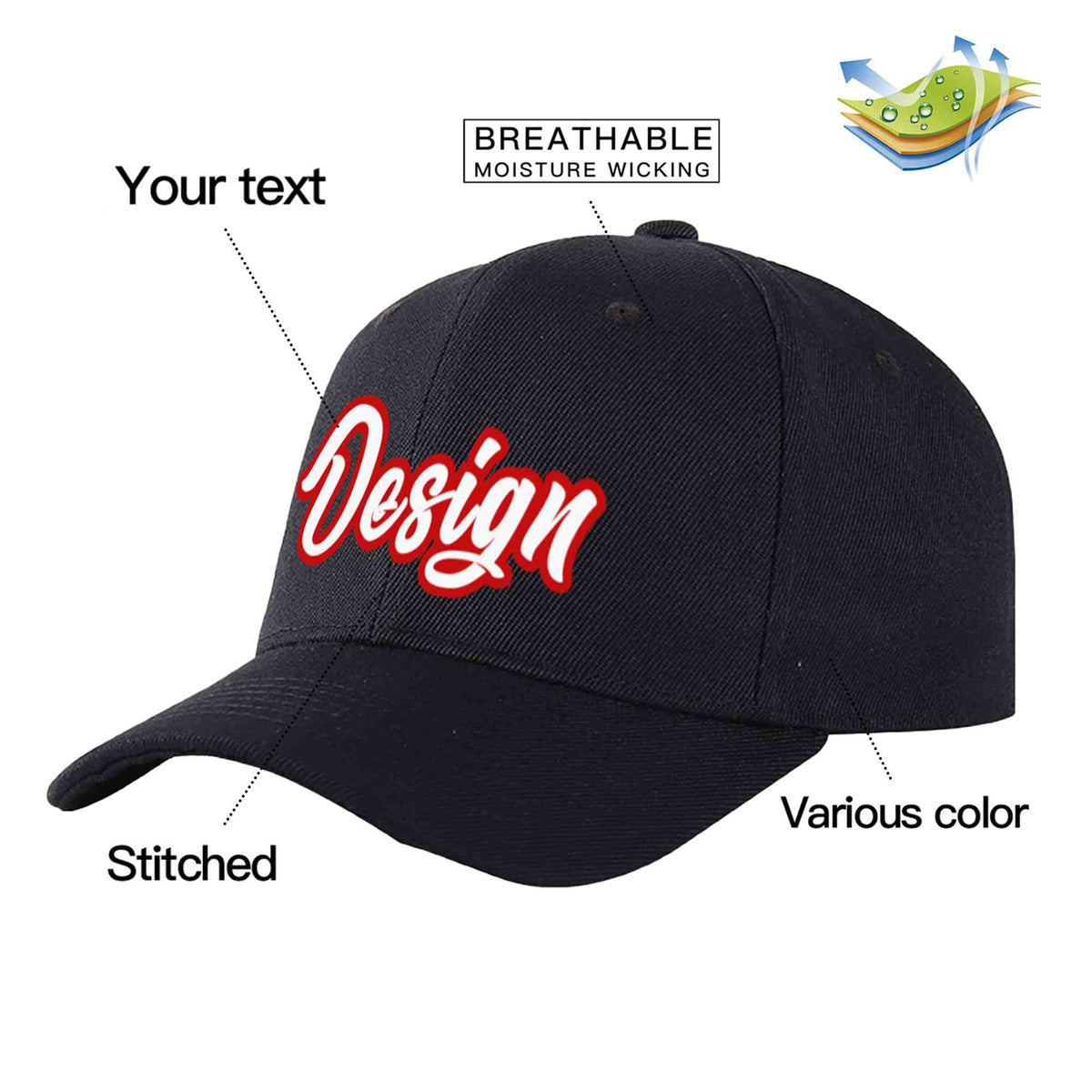 Custom Black White-Red Curved Eaves Sport Design Baseball Cap