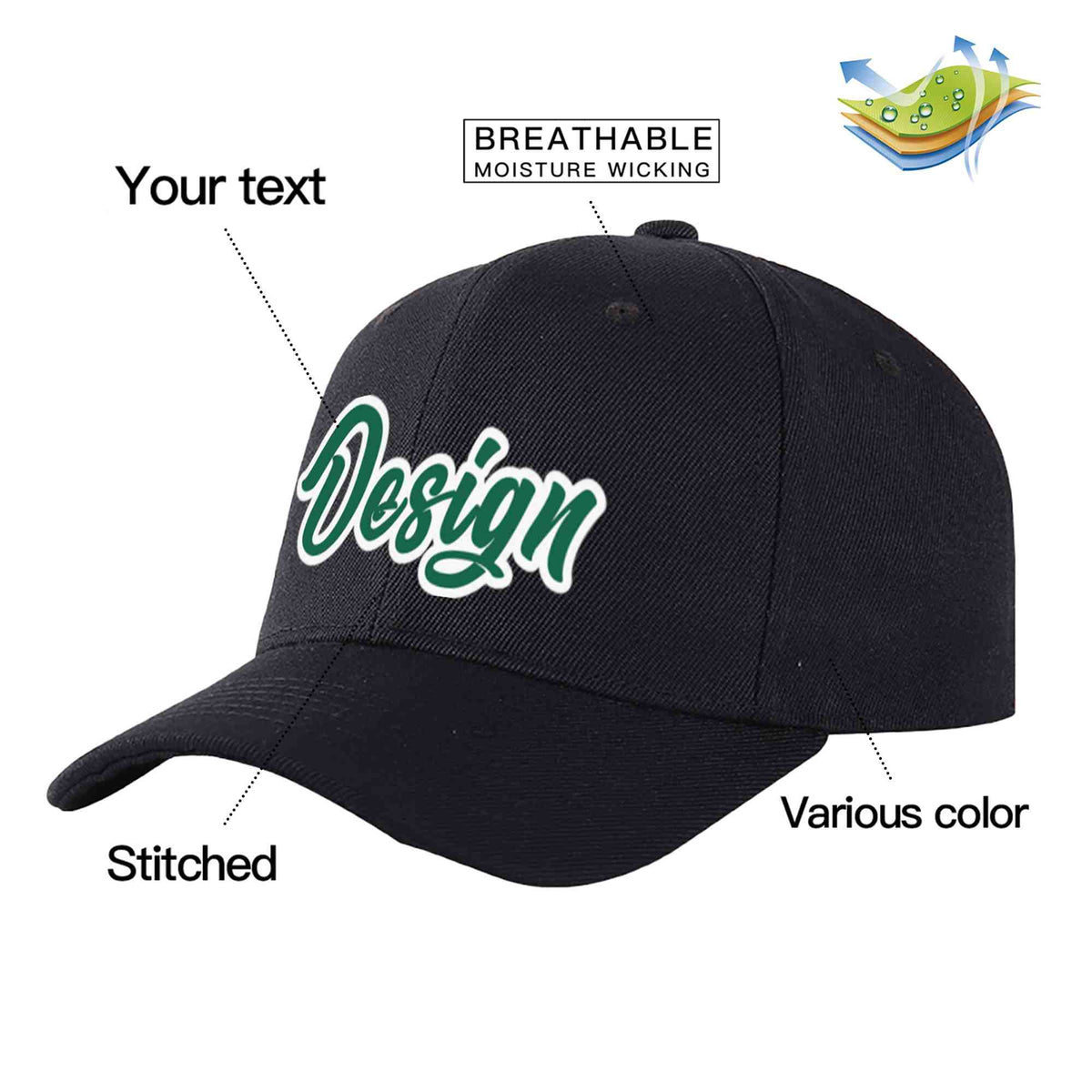 Custom Black Kelly Green-White Curved Eaves Sport Design Baseball Cap