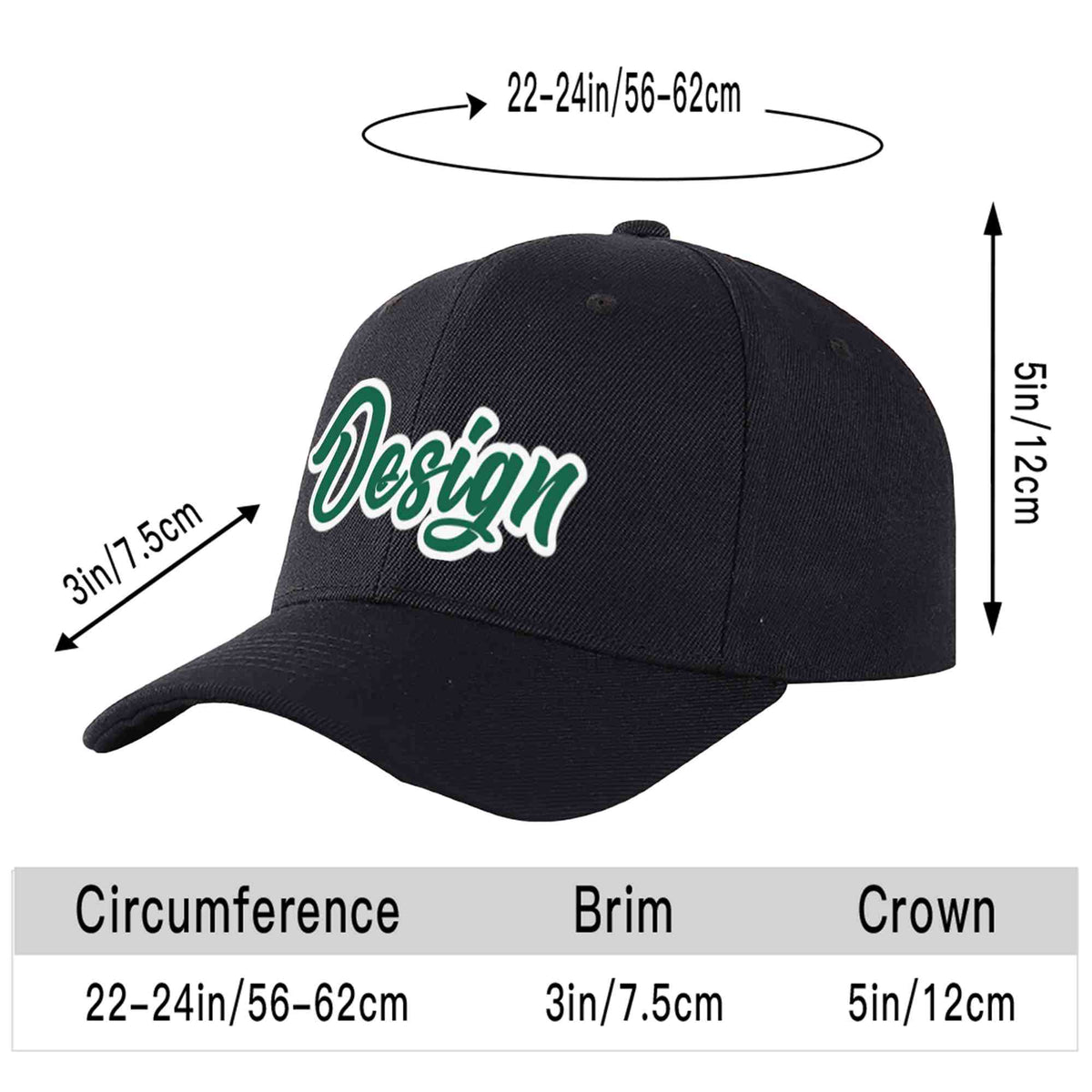 Custom Black Kelly Green-White Curved Eaves Sport Design Baseball Cap