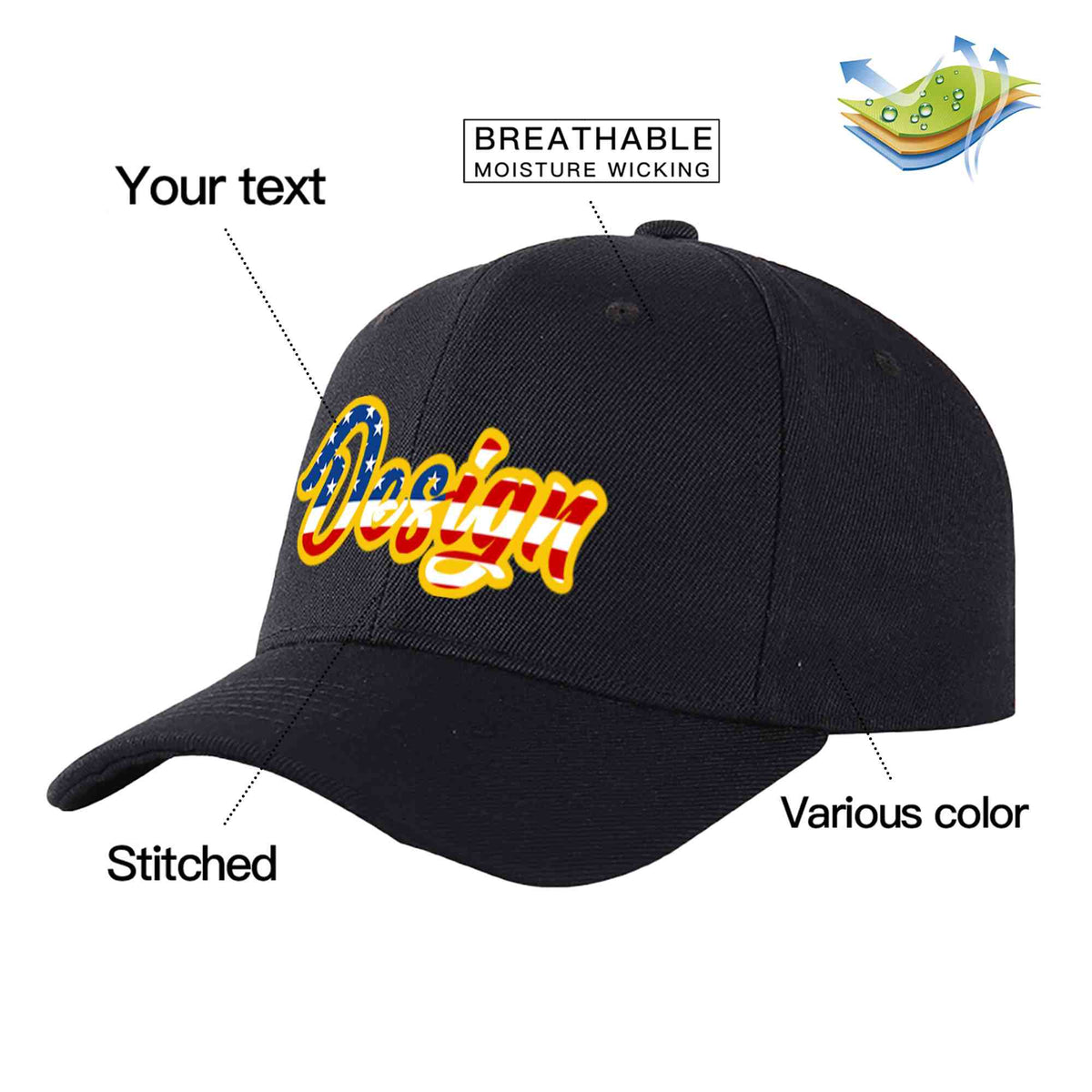 Custom Black Vintage USA Flag-Gold Curved Eaves Sport Design Baseball Cap