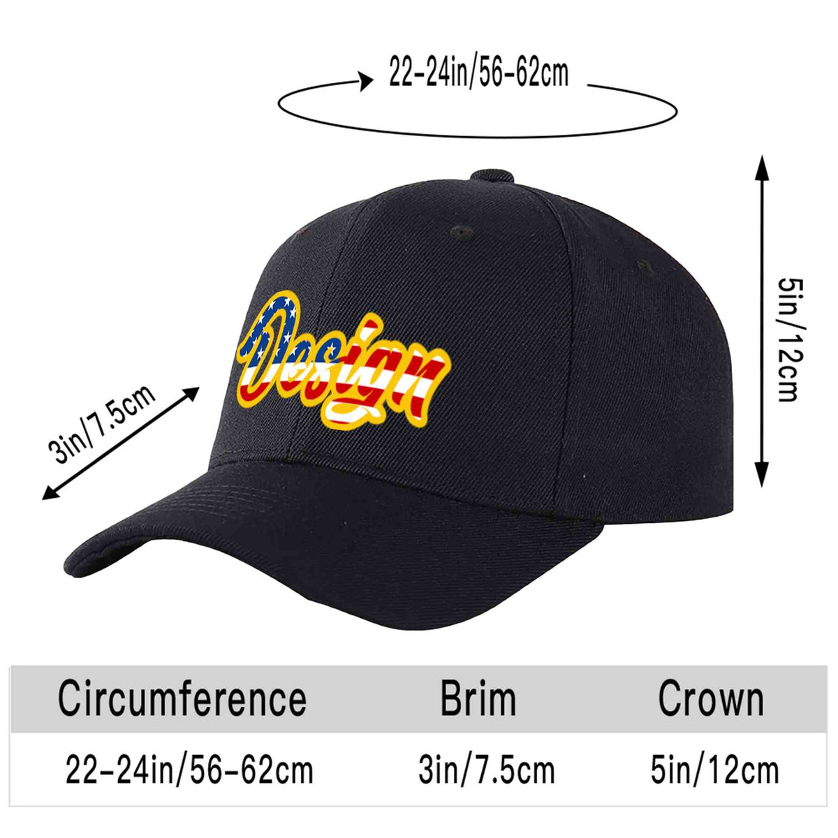 Custom Black Vintage USA Flag-Gold Curved Eaves Sport Design Baseball Cap