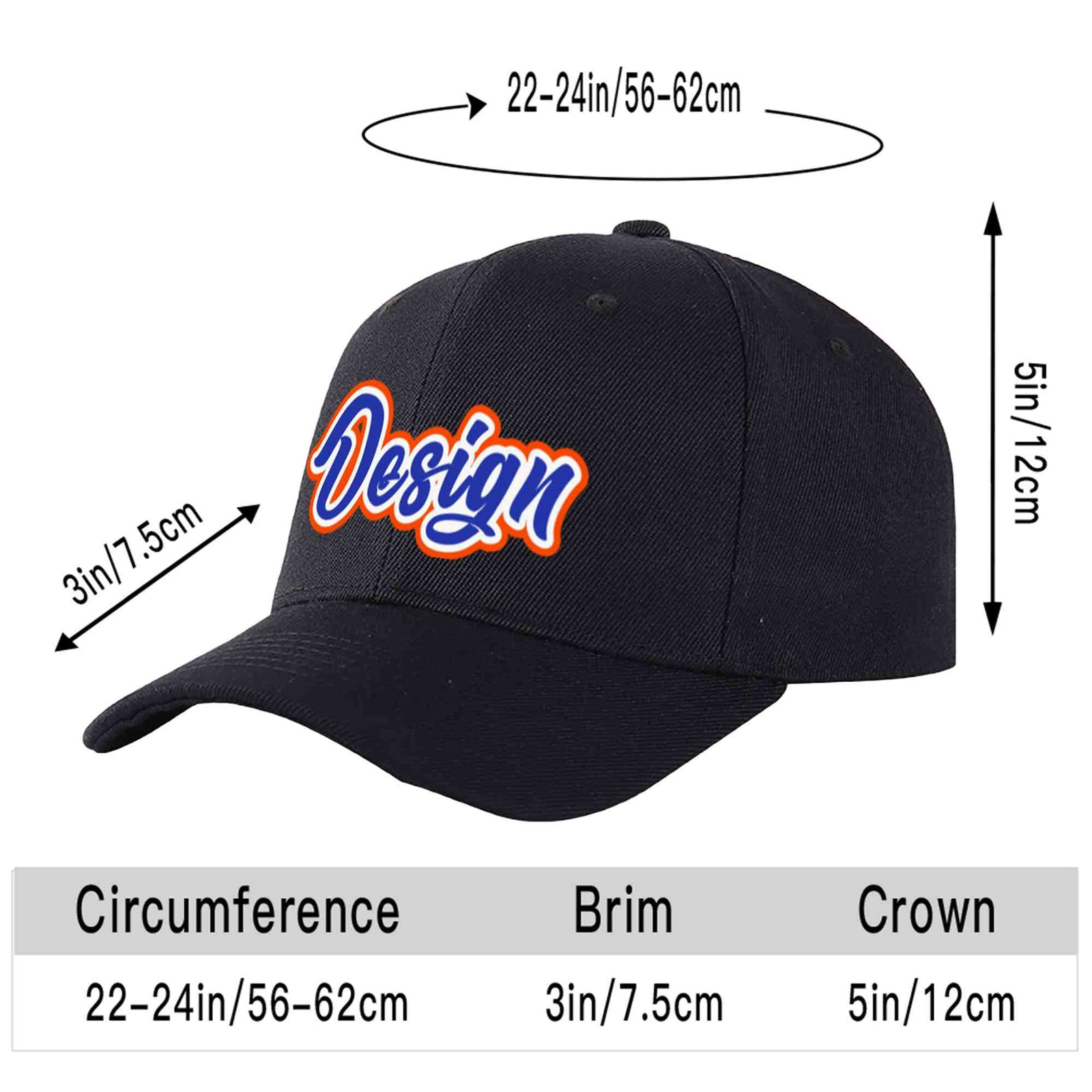 Custom Black Royal-White Curved Eaves Sport Design Baseball Cap