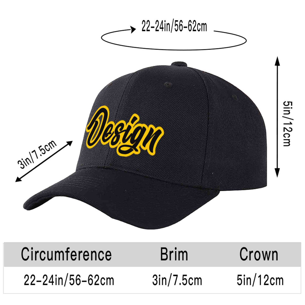Custom Black Black-Gold Curved Eaves Sport Design Baseball Cap