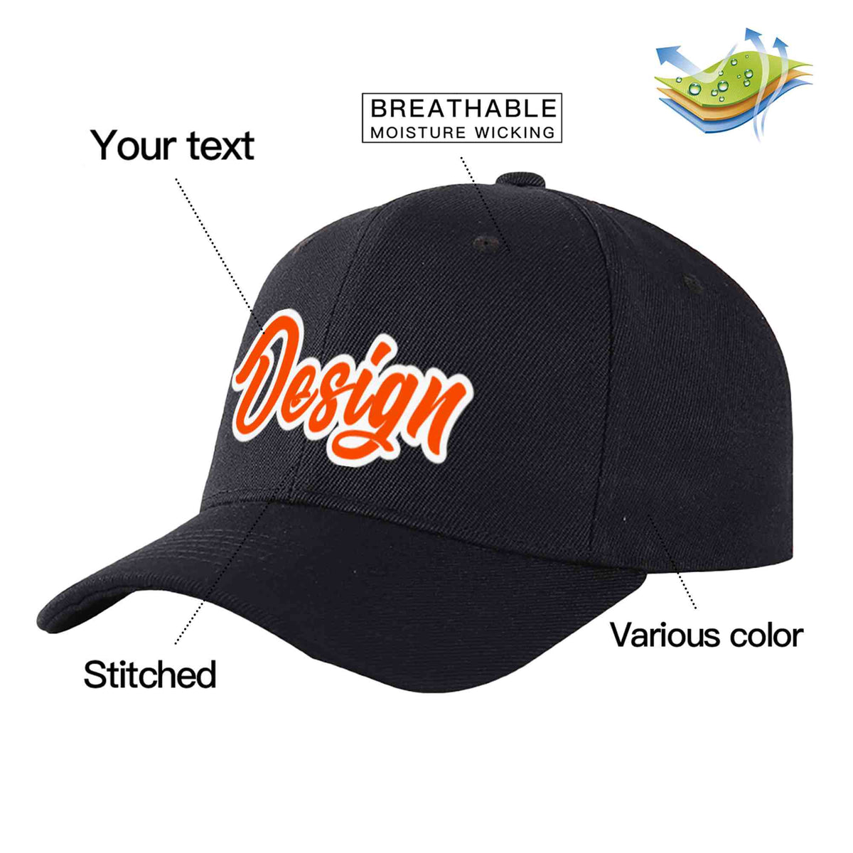 Custom Black Orange-White Curved Eaves Sport Design Baseball Cap