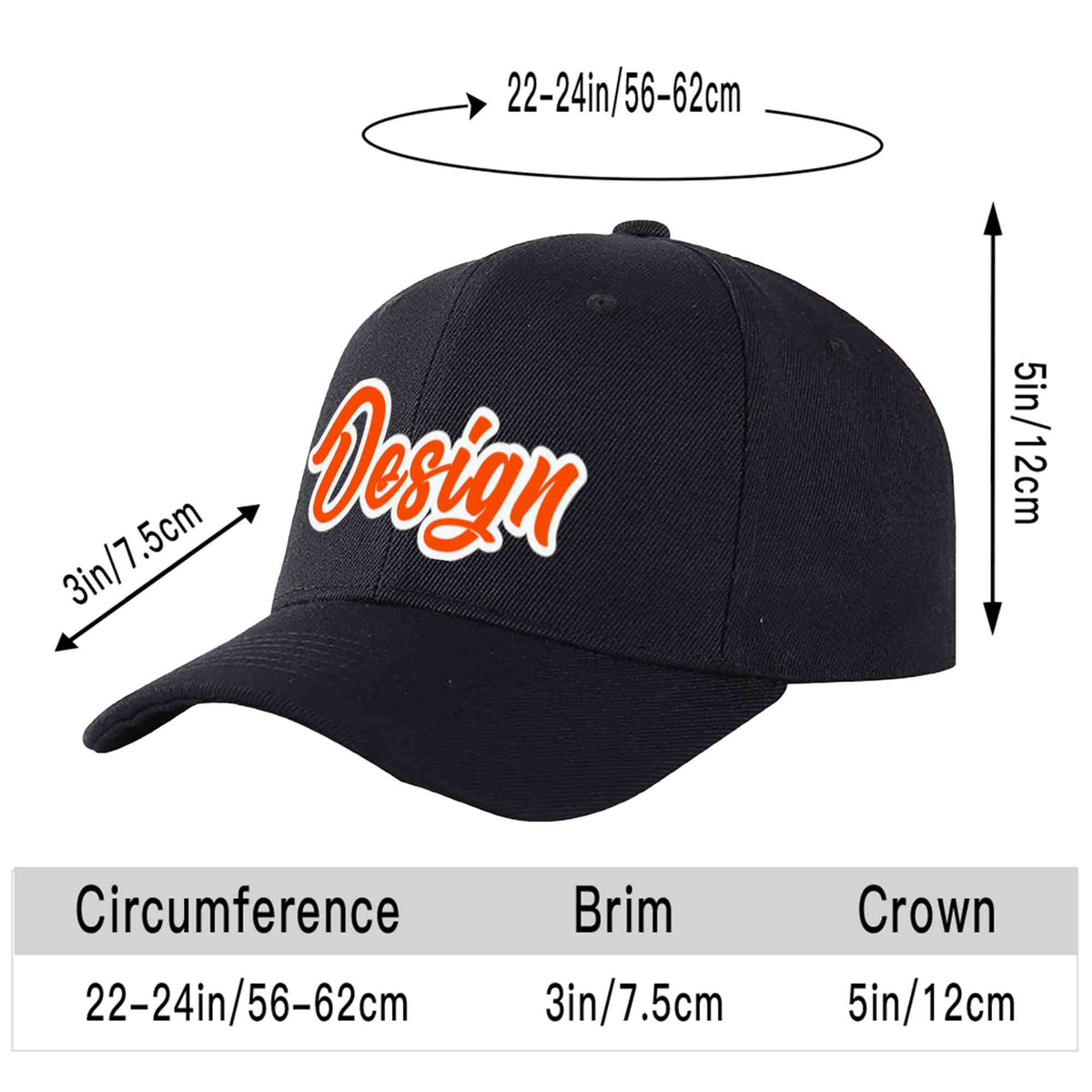 Custom Black Orange-White Curved Eaves Sport Design Baseball Cap