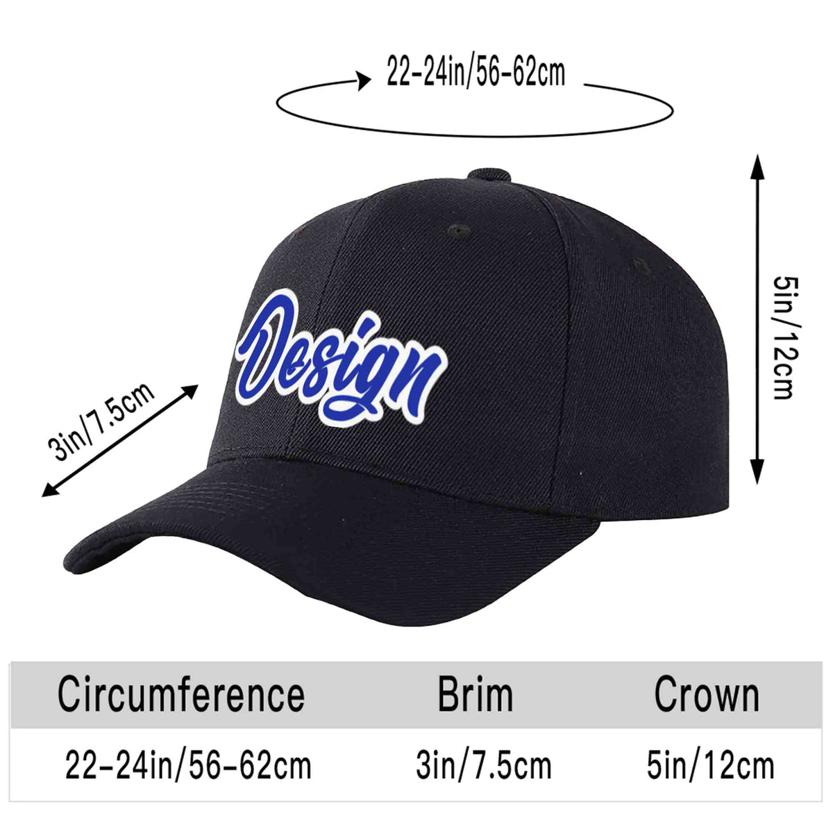 Custom Black Royal-White Curved Eaves Sport Design Baseball Cap