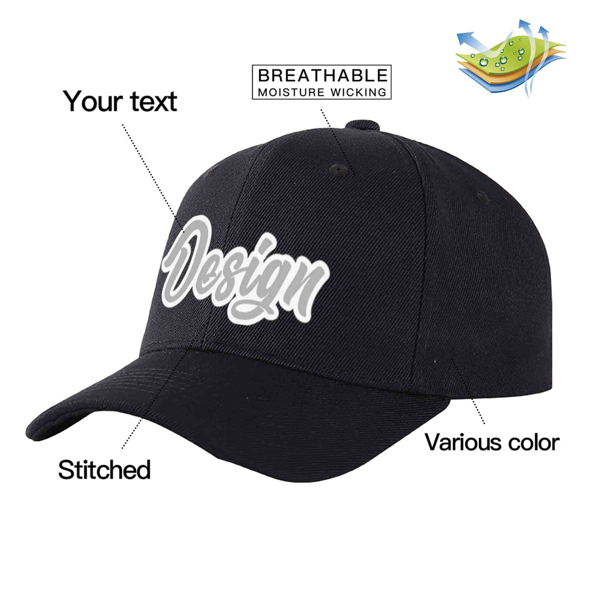 Custom Black Gray-White Curved Eaves Sport Design Baseball Cap