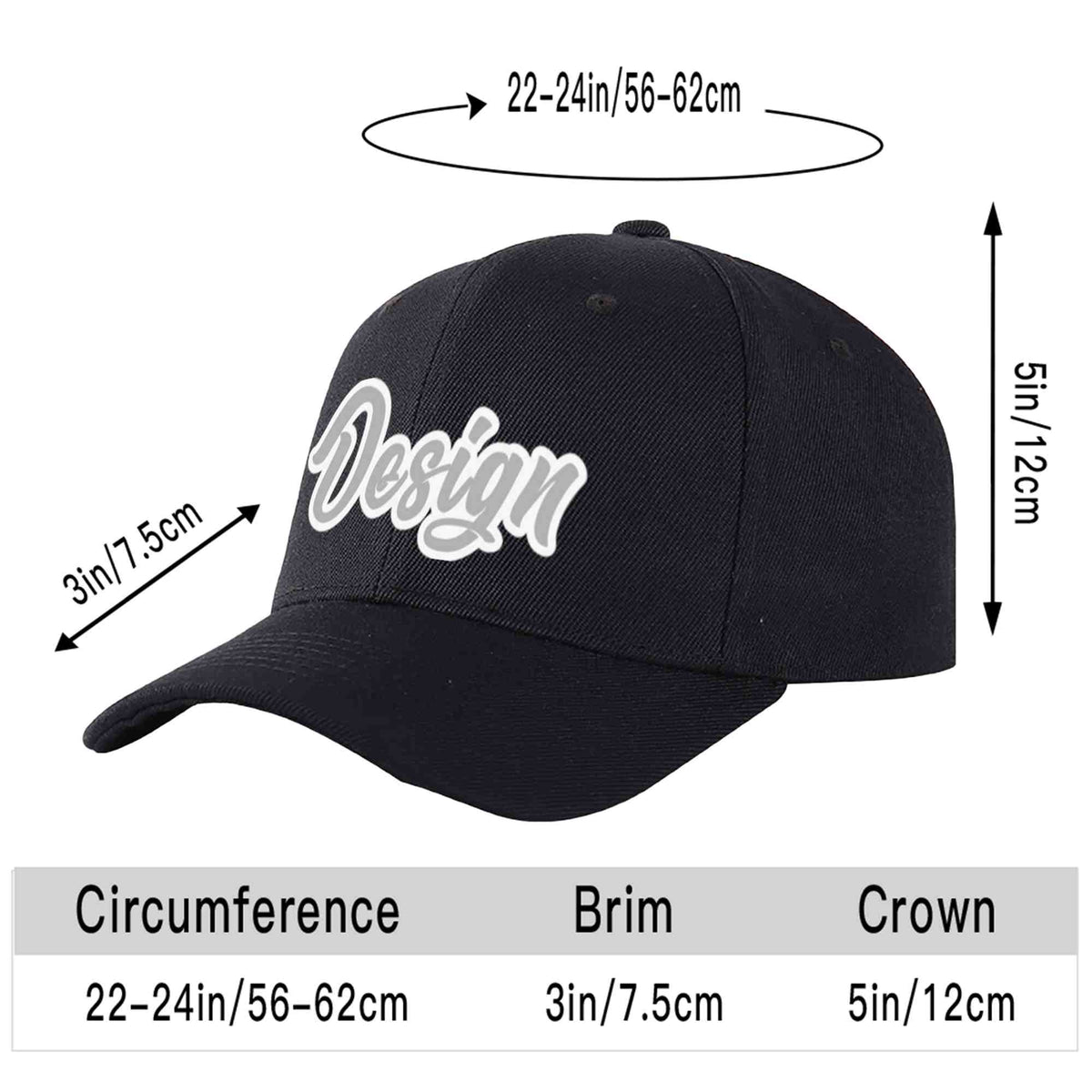 Custom Black Gray-White Curved Eaves Sport Design Baseball Cap