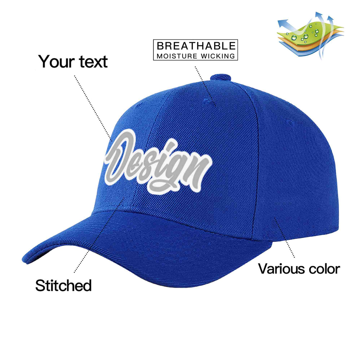 Custom Royal Gray-White Curved Eaves Sport Design Baseball Cap