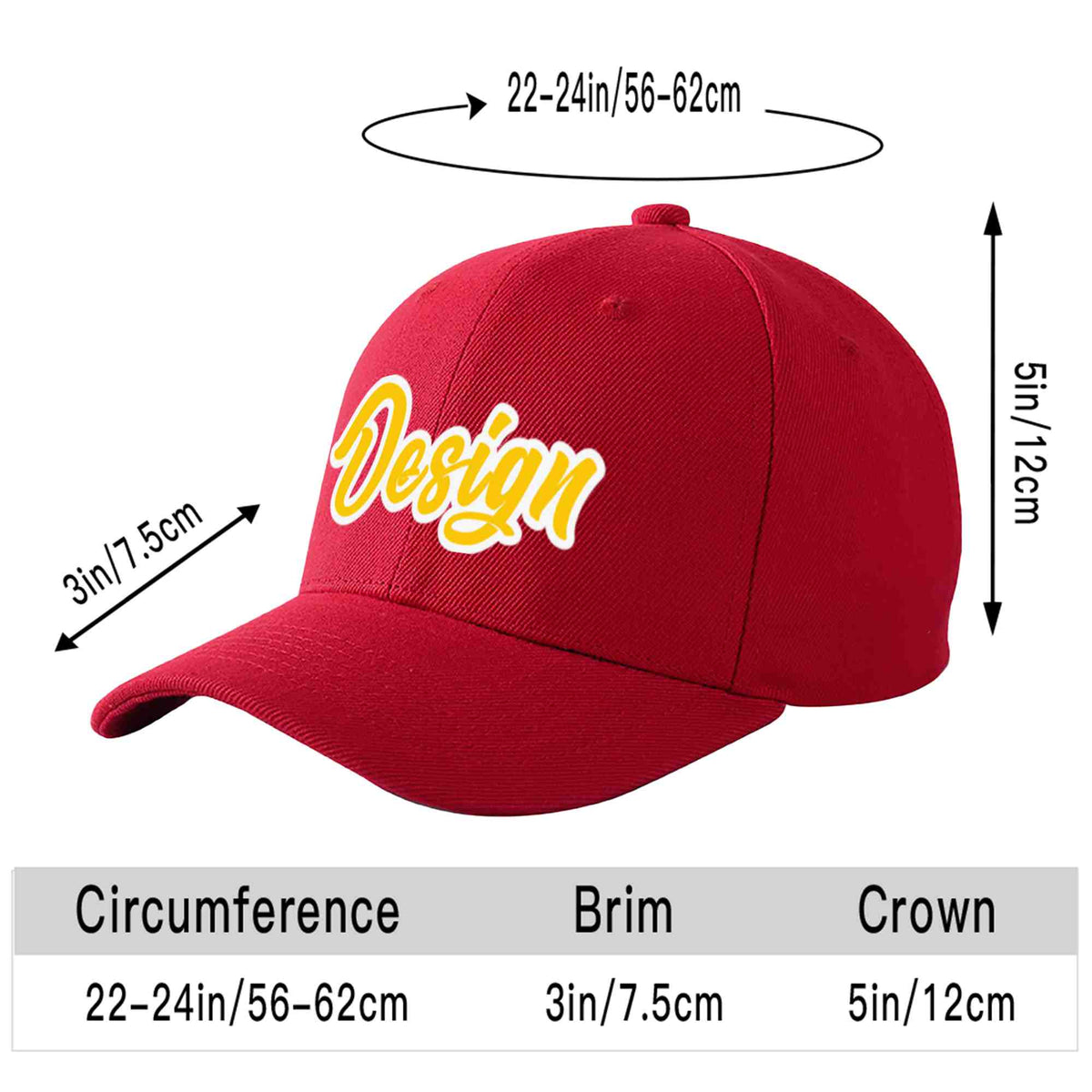 Custom Red Gold-White Curved Eaves Sport Design Baseball Cap