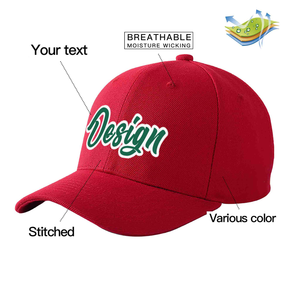 Custom Red Kelly Green-White Curved Eaves Sport Design Baseball Cap
