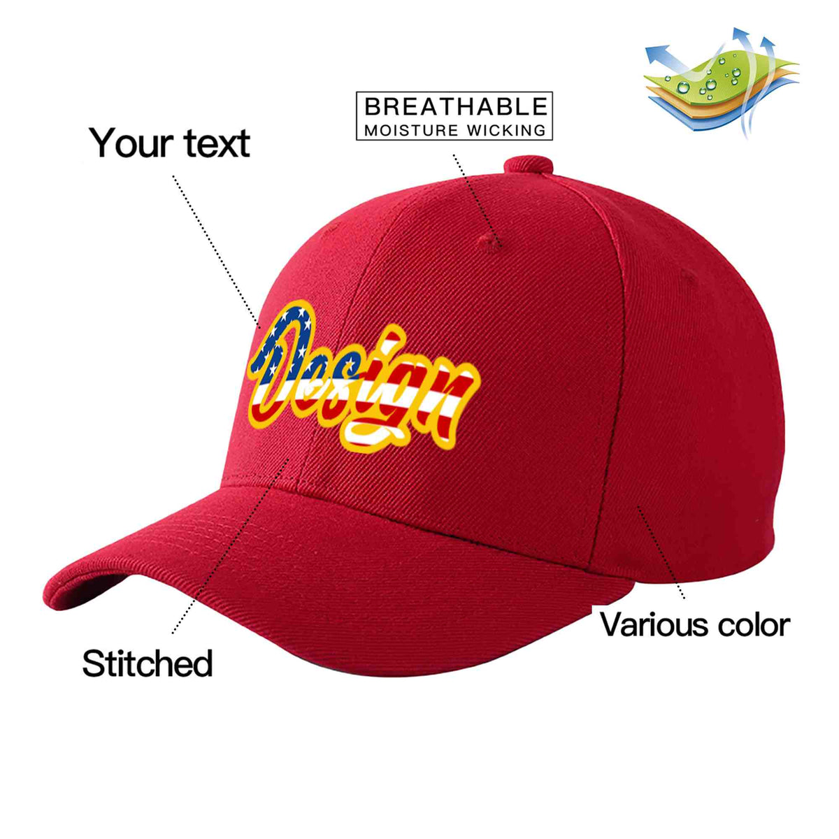 Custom Red Vintage USA Flag-Gold Curved Eaves Sport Design Baseball Cap