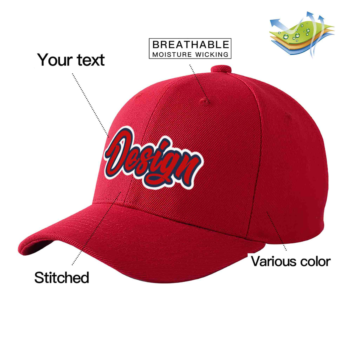 Custom Red Red-Navy Curved Eaves Sport Design Baseball Cap