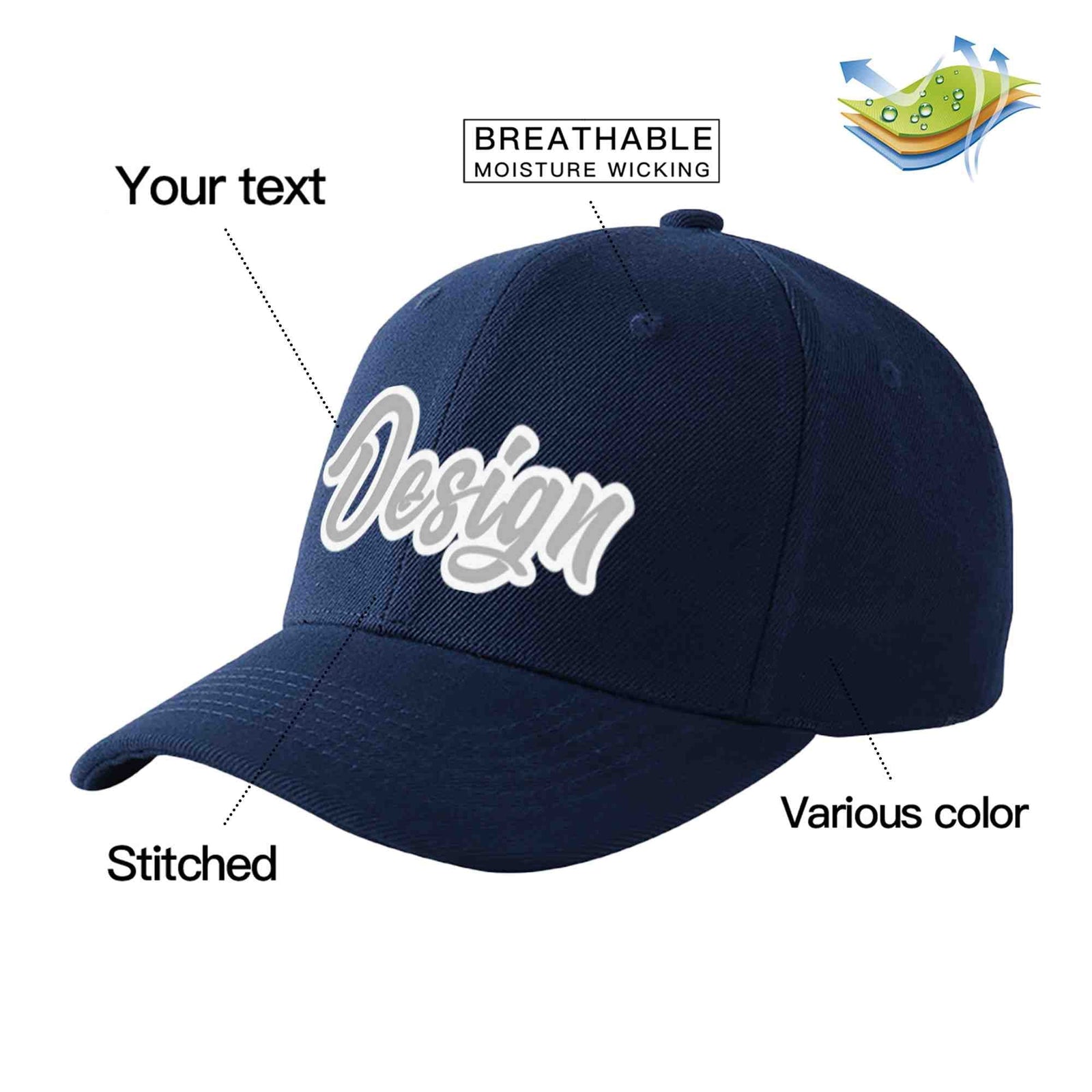 Custom Navy Gray-White Curved Eaves Sport Design Baseball Cap