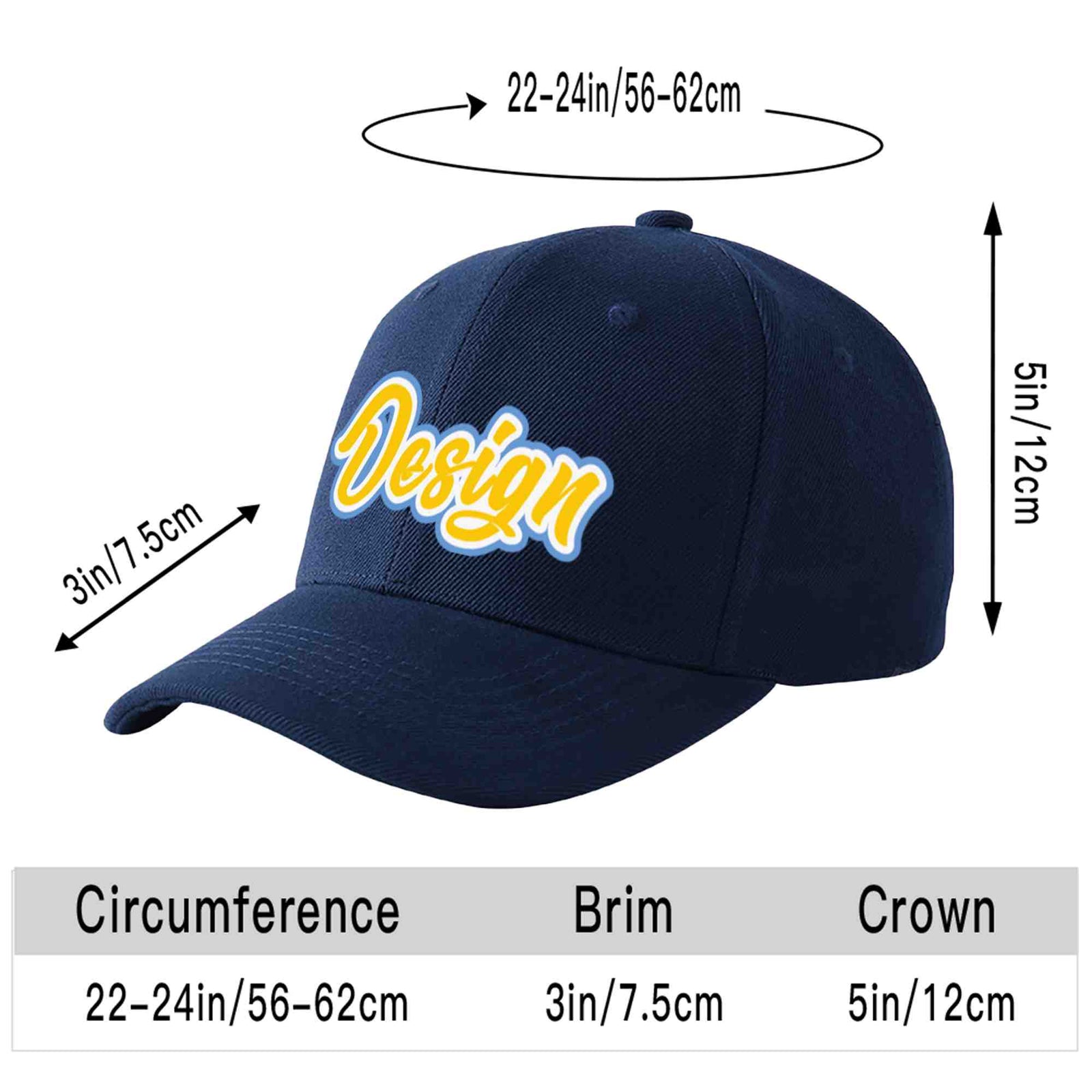 Custom Navy Gold-White Curved Eaves Sport Design Baseball Cap