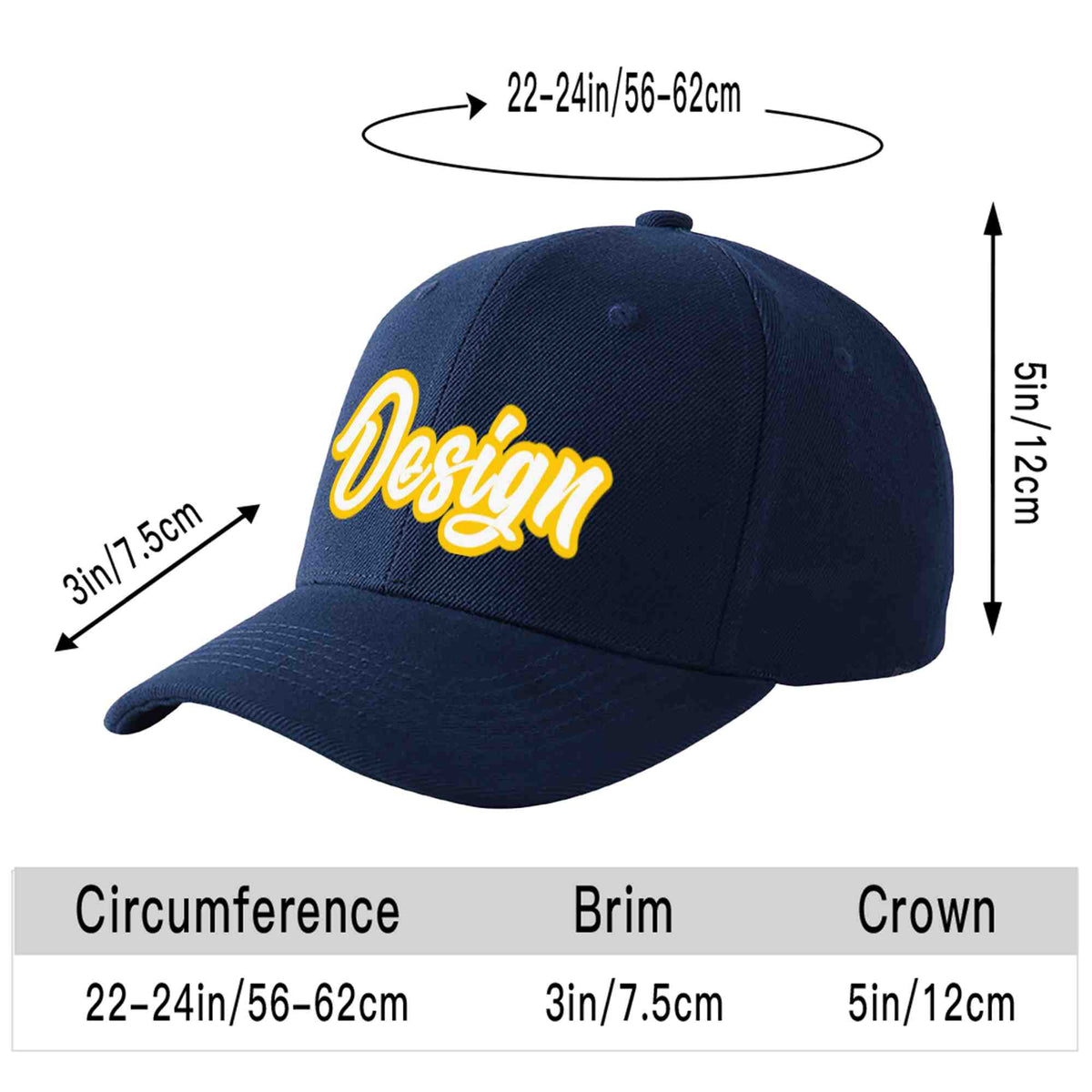 Custom Navy White-Gold Curved Eaves Sport Design Baseball Cap