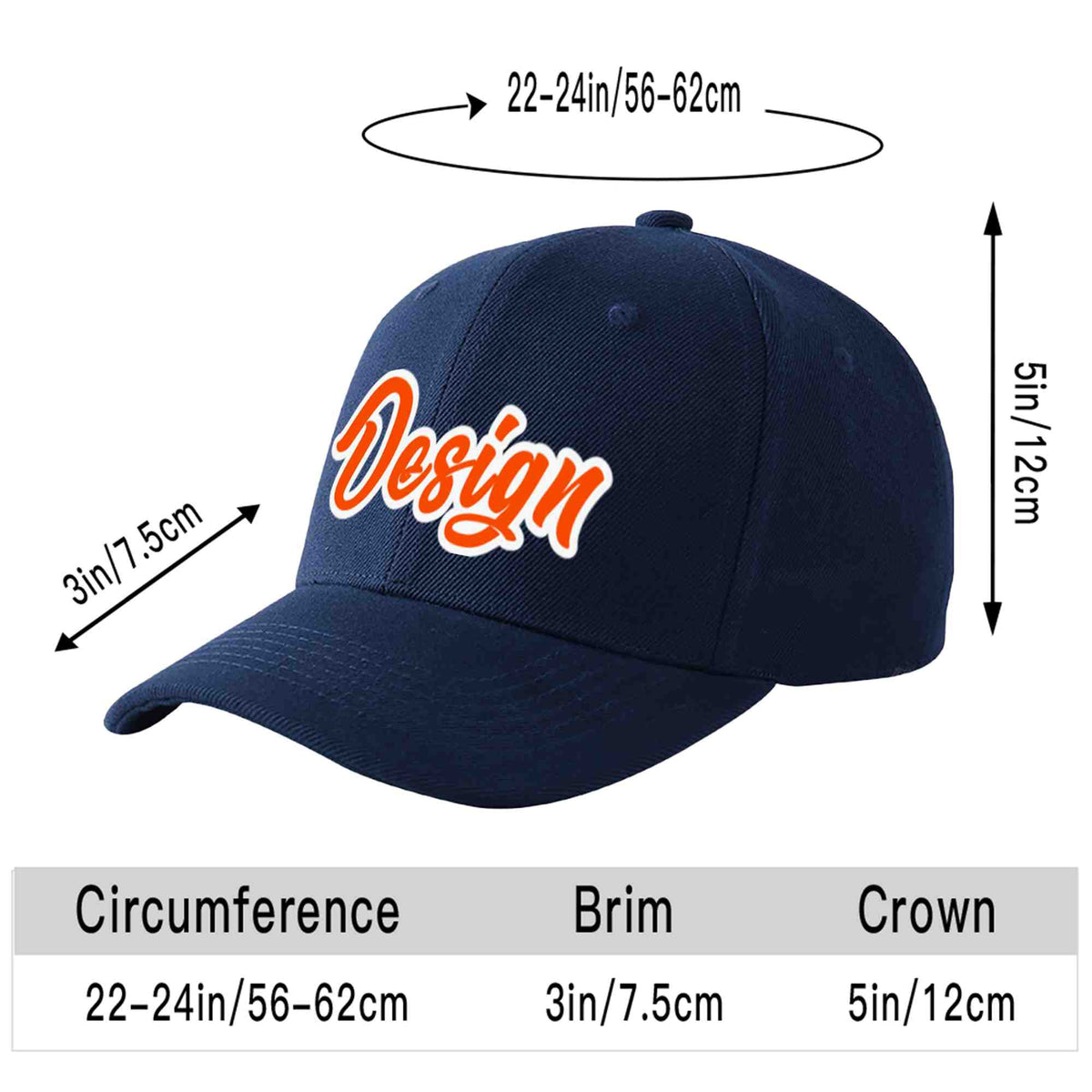 Custom Navy Orange-White Curved Eaves Sport Design Baseball Cap