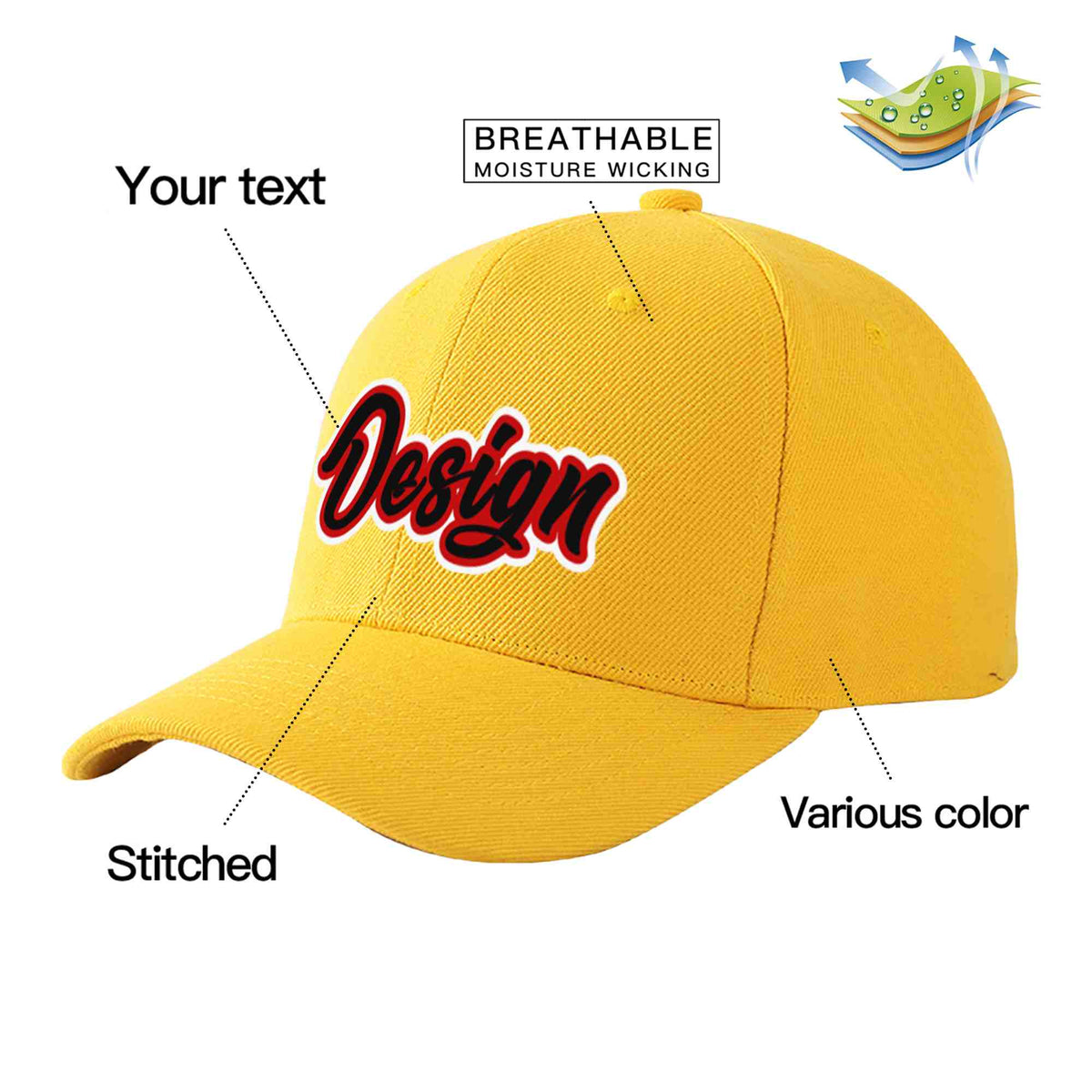Custom Gold Black-Red Curved Eaves Sport Design Baseball Cap