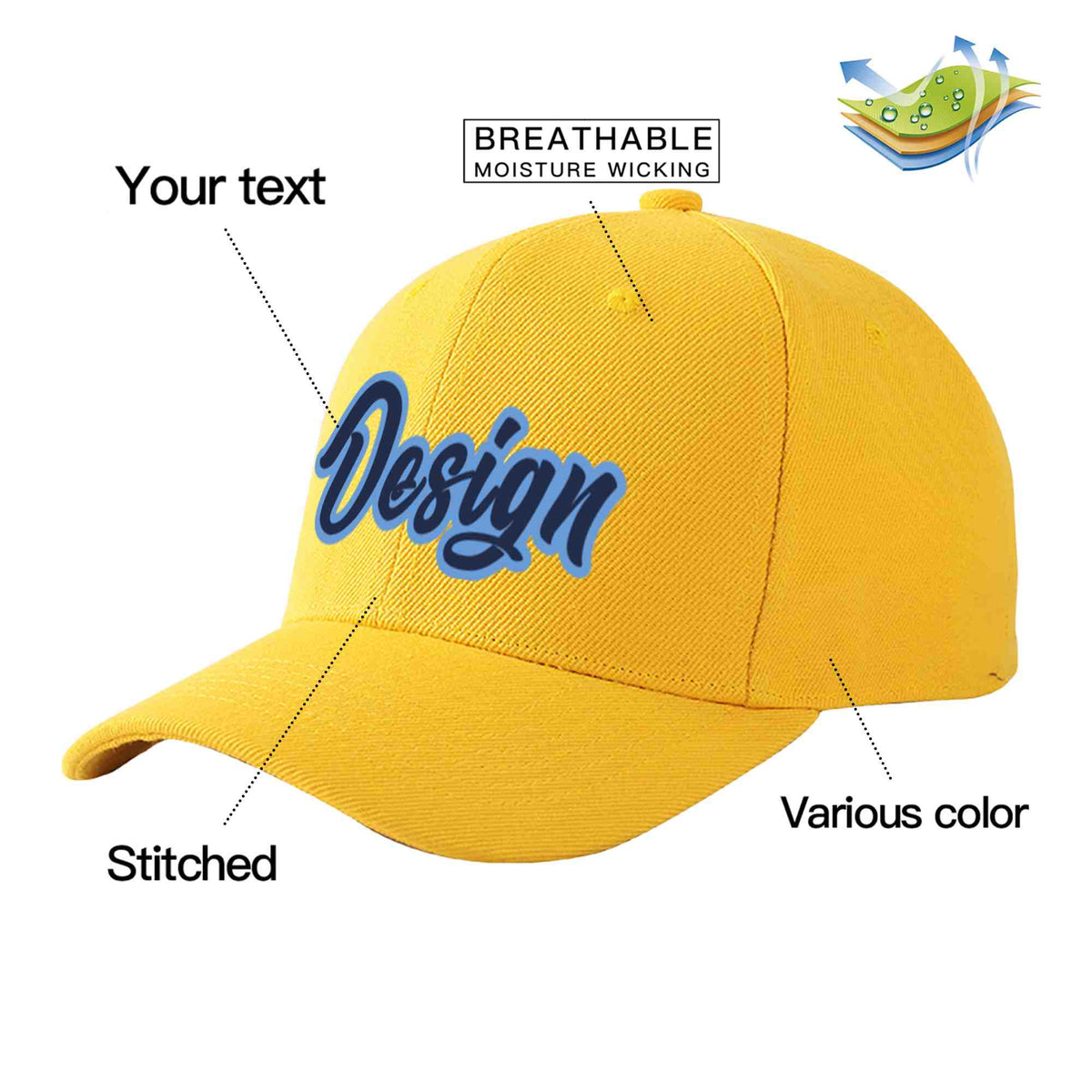 Custom Gold Navy-Light Blue Curved Eaves Sport Design Baseball Cap