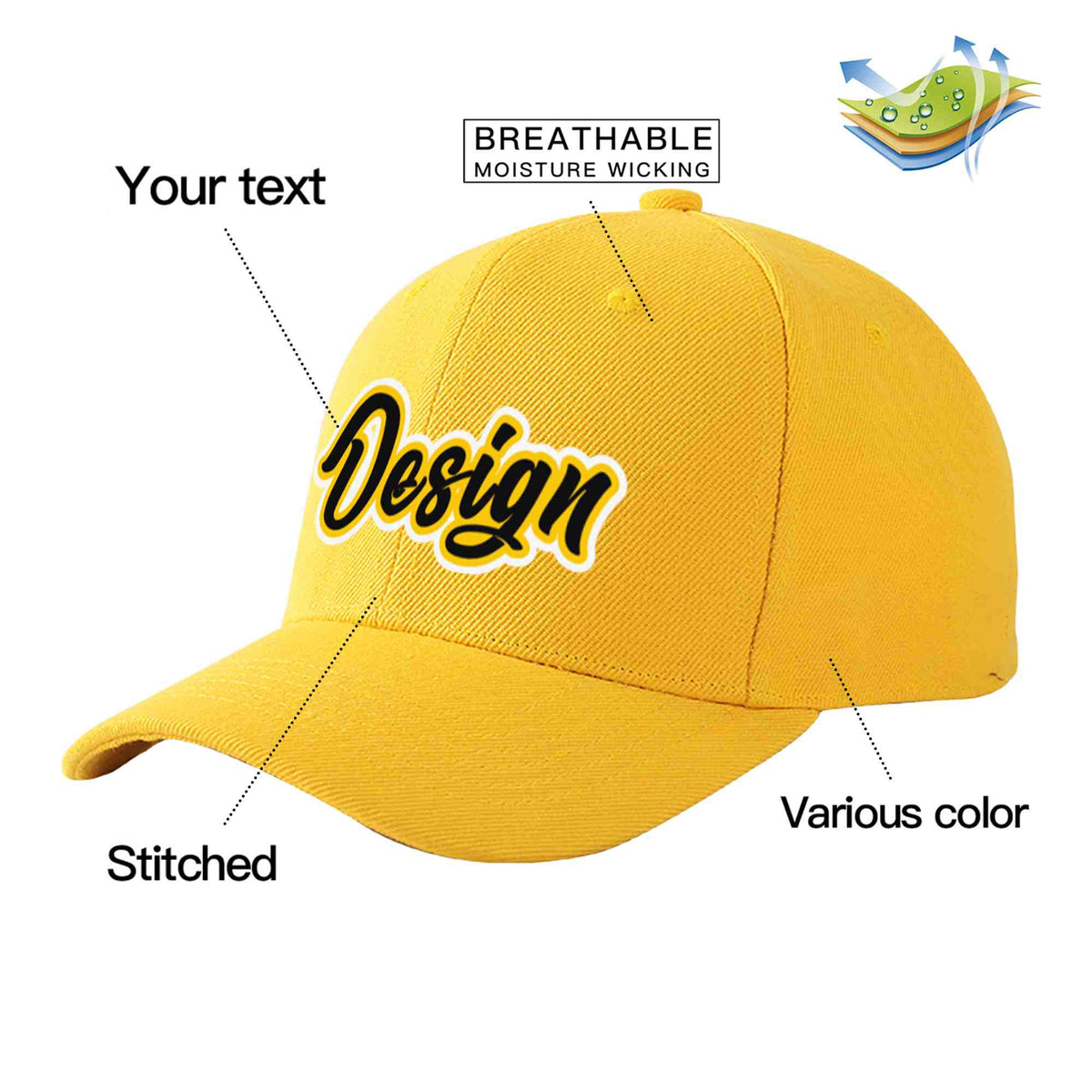 Custom Gold Black-Gold Curved Eaves Sport Design Baseball Cap