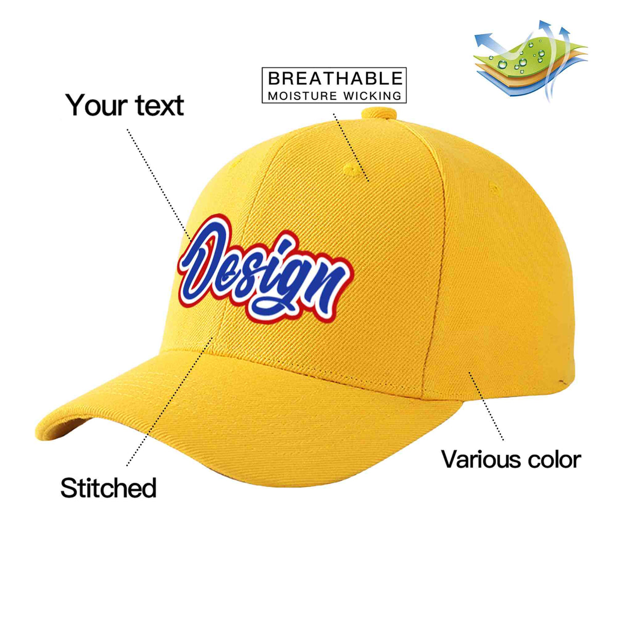 Custom Gold Royal-White Curved Eaves Sport Design Baseball Cap