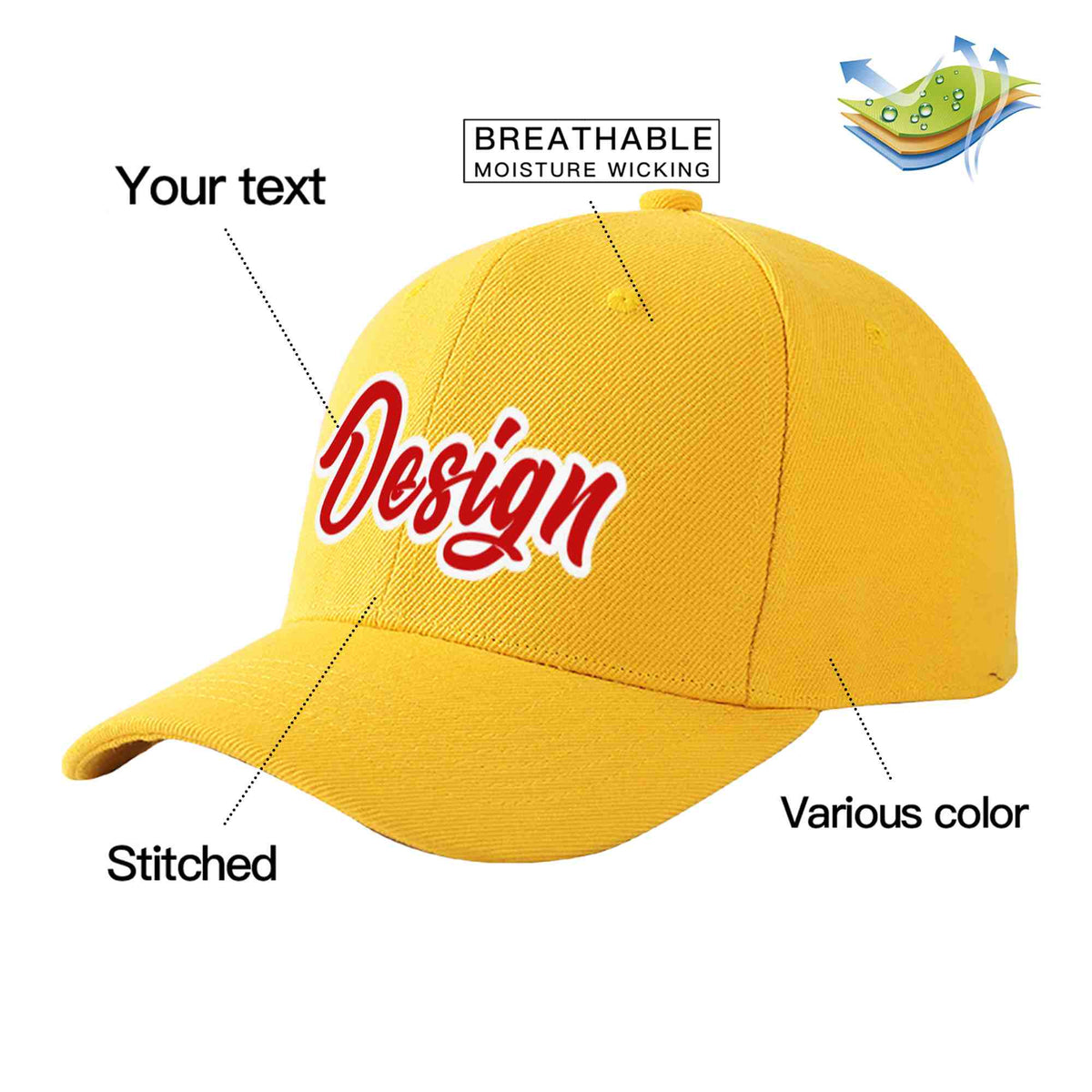 Custom Gold Red-White Curved Eaves Sport Design Baseball Cap