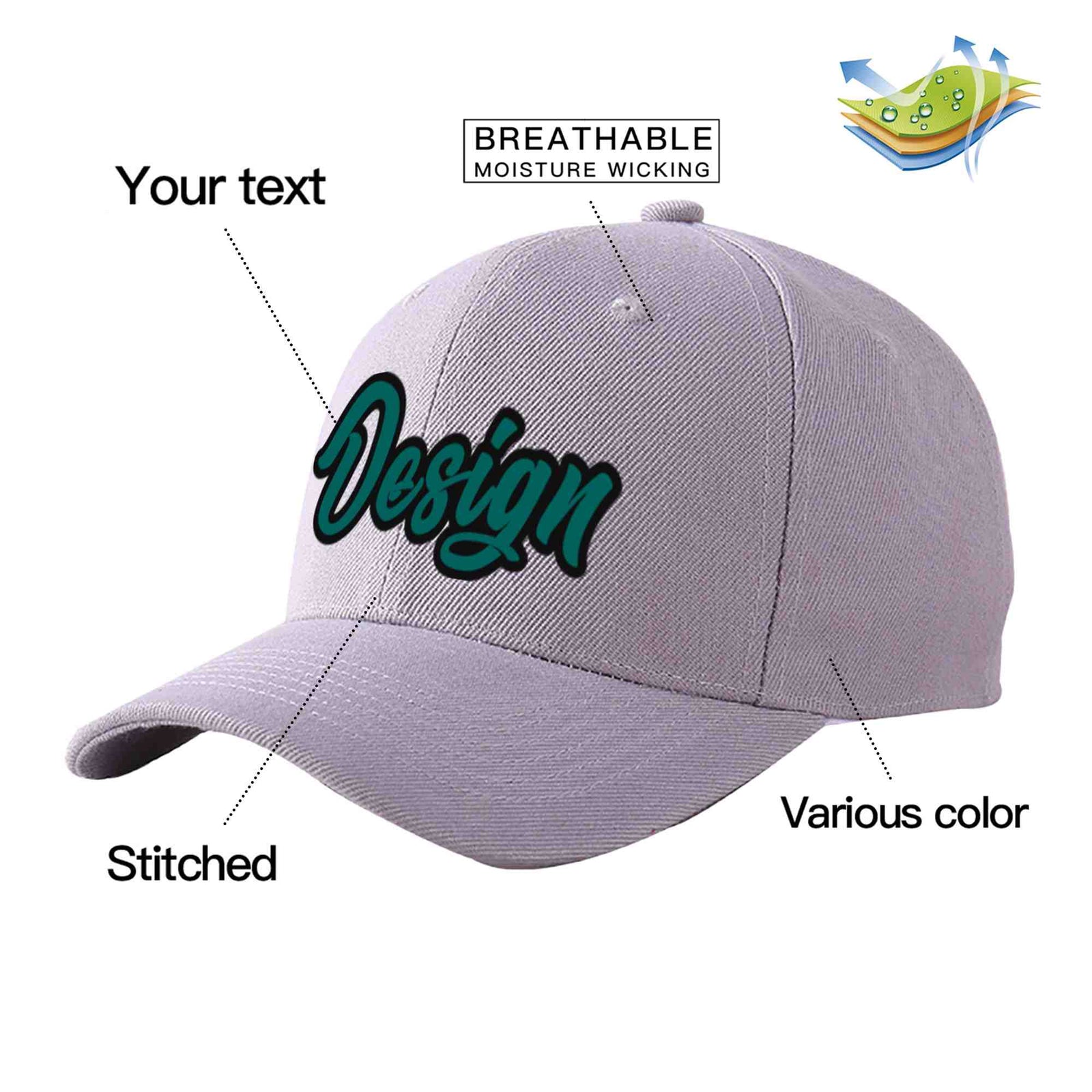 Custom Gray Aqua-Black Curved Eaves Sport Design Baseball Cap