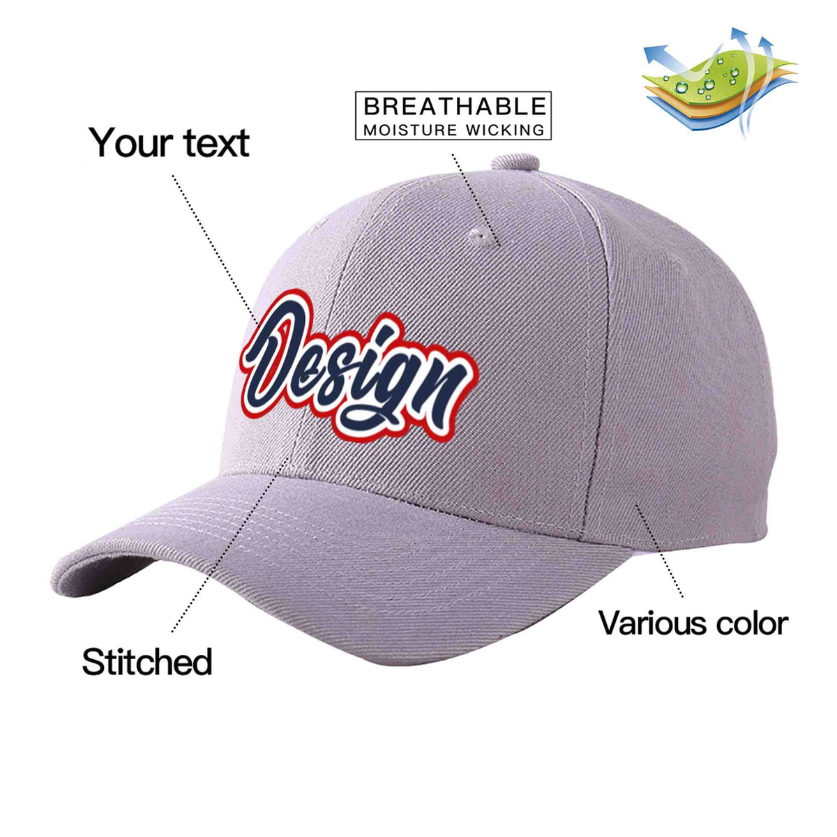 Custom Gray Navy-White Curved Eaves Sport Design Baseball Cap