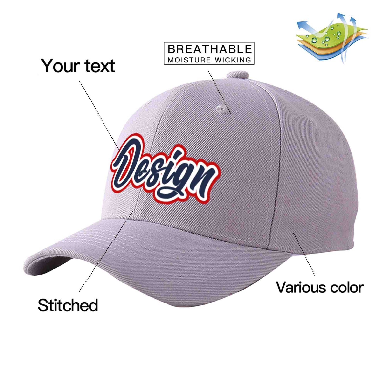 Custom Gray Navy-White Curved Eaves Sport Design Baseball Cap