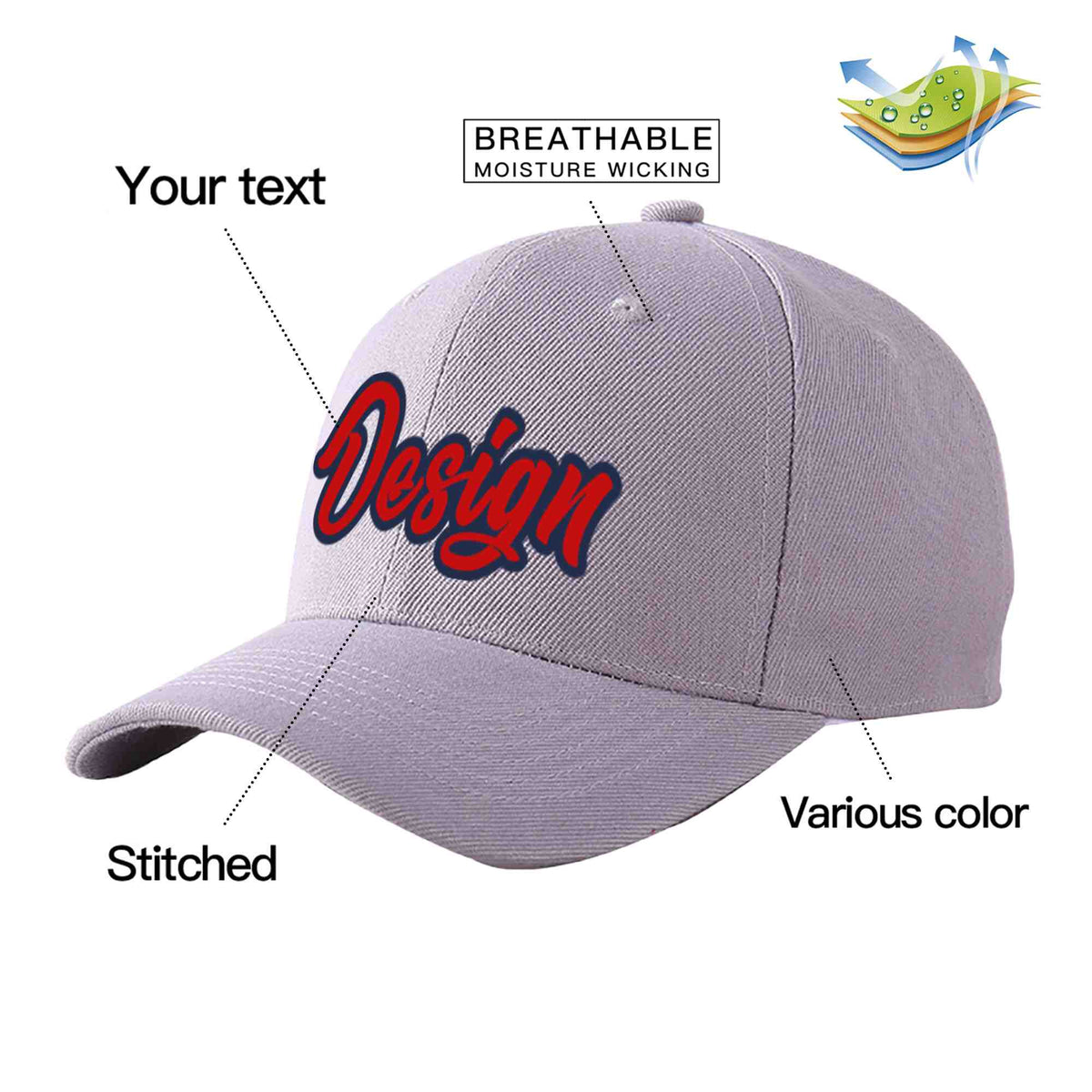 Custom Gray Red-Navy Curved Eaves Sport Design Baseball Cap