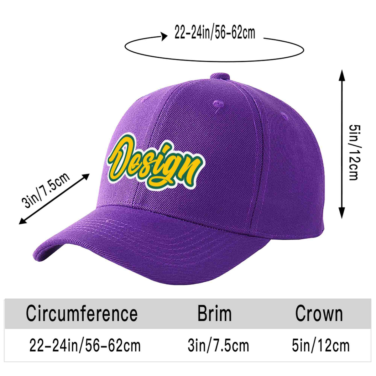 Custom Purple Gold-Kelly Green Curved Eaves Sport Design Baseball Cap