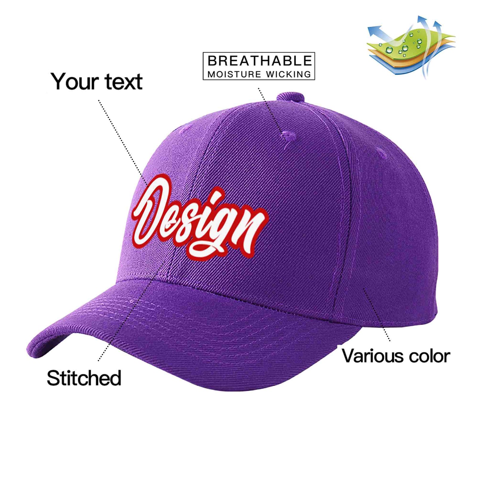 Custom Purple White-Red Curved Eaves Sport Design Baseball Cap