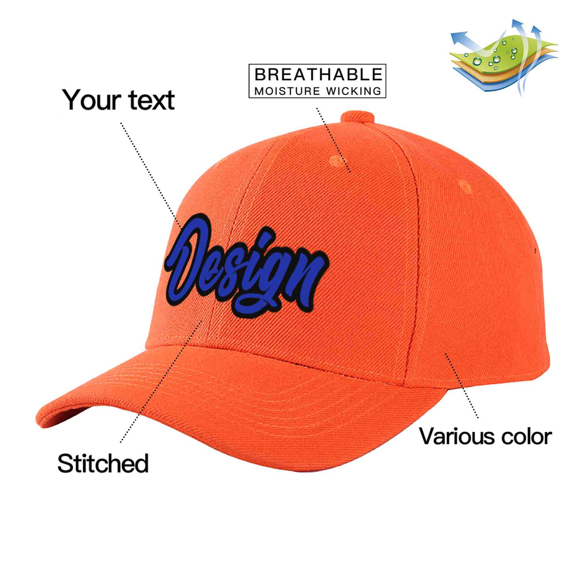 Custom Tangerine Royal-Black Curved Eaves Sport Design Baseball Cap
