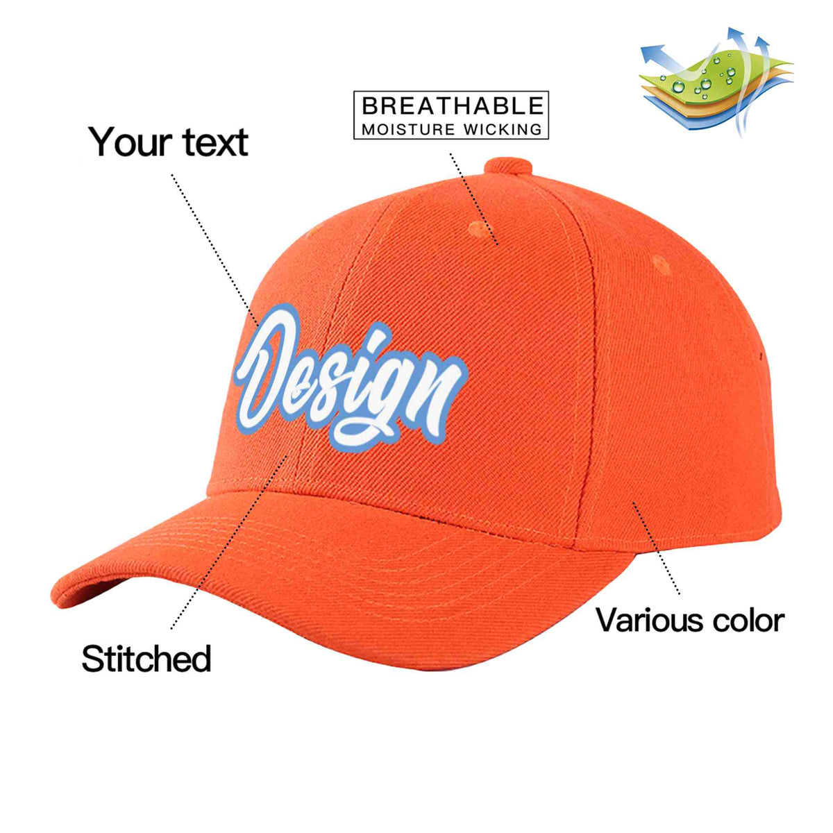 Custom Tangerine White-Light Blue Curved Eaves Sport Design Baseball Cap
