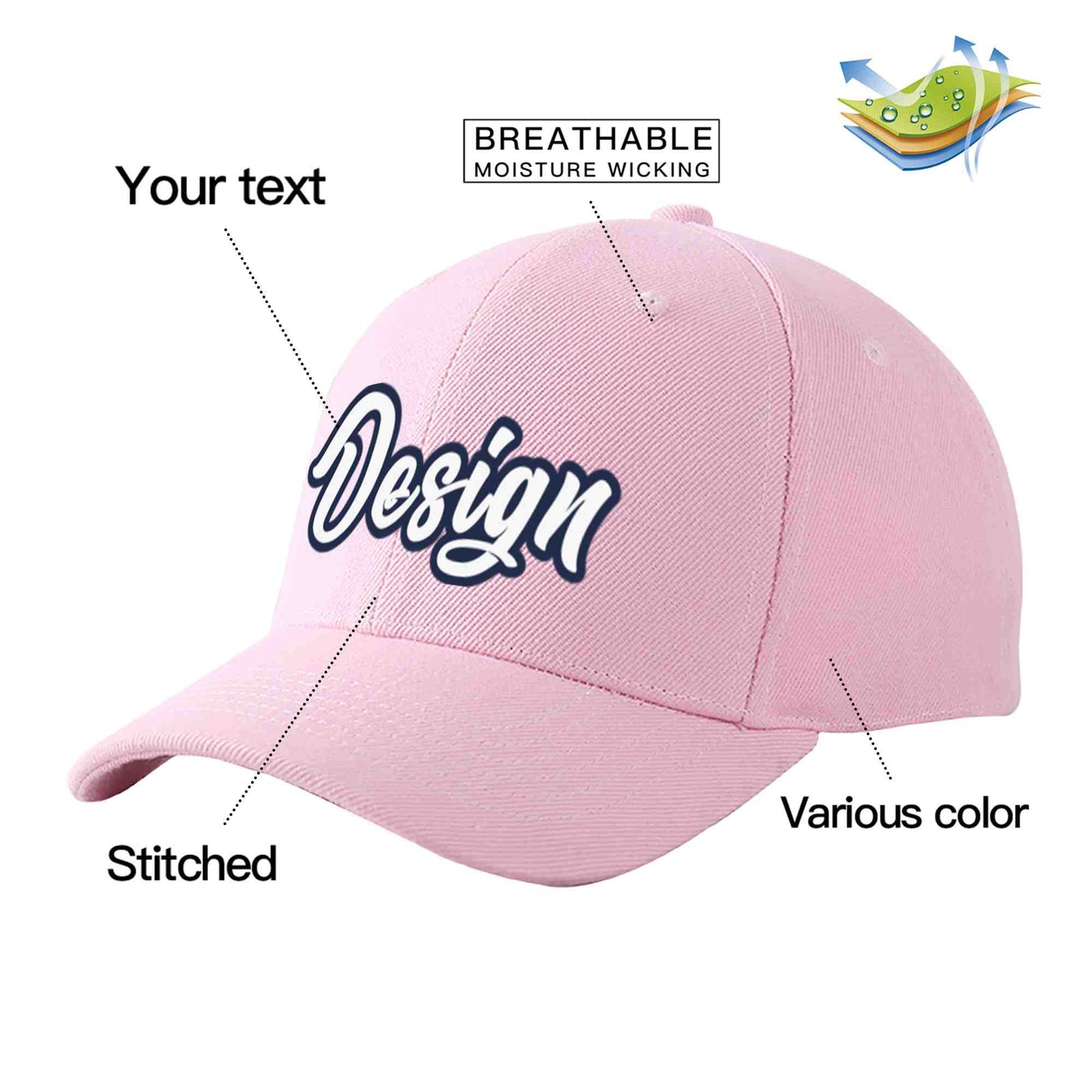 Custom Pink White-Navy Curved Eaves Sport Design Baseball Cap