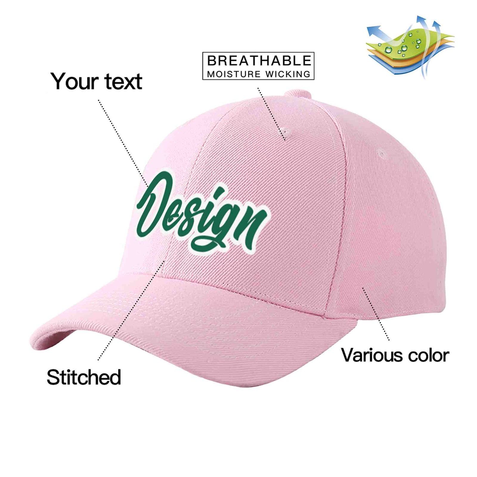 Custom Pink Kelly Green-White Curved Eaves Sport Design Baseball Cap