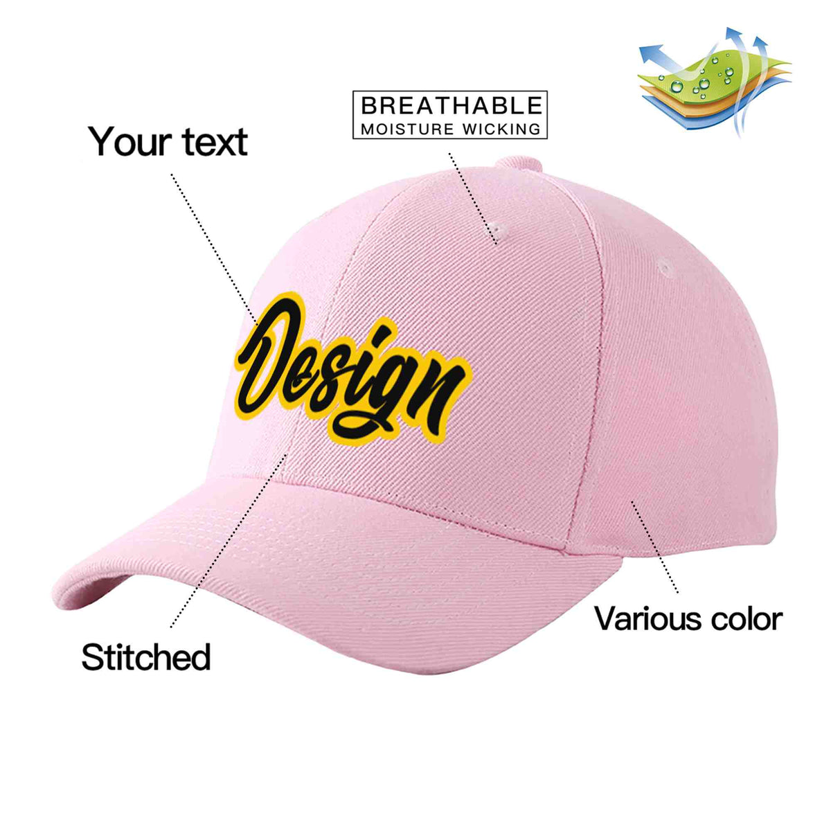 Custom Pink Black-Gold Curved Eaves Sport Design Baseball Cap