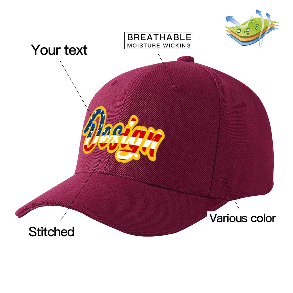 Custom Red Wine Vintage USA Flag-Gold Curved Eaves Sport Design Baseball Cap