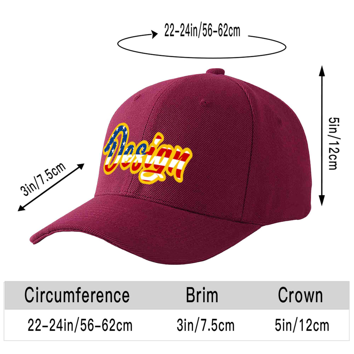 Custom Red Wine Vintage USA Flag-Gold Curved Eaves Sport Design Baseball Cap