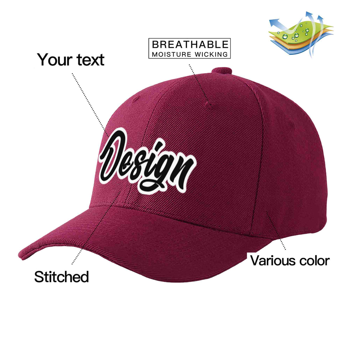 Custom Red Wine Black-White Curved Eaves Sport Design Baseball Cap